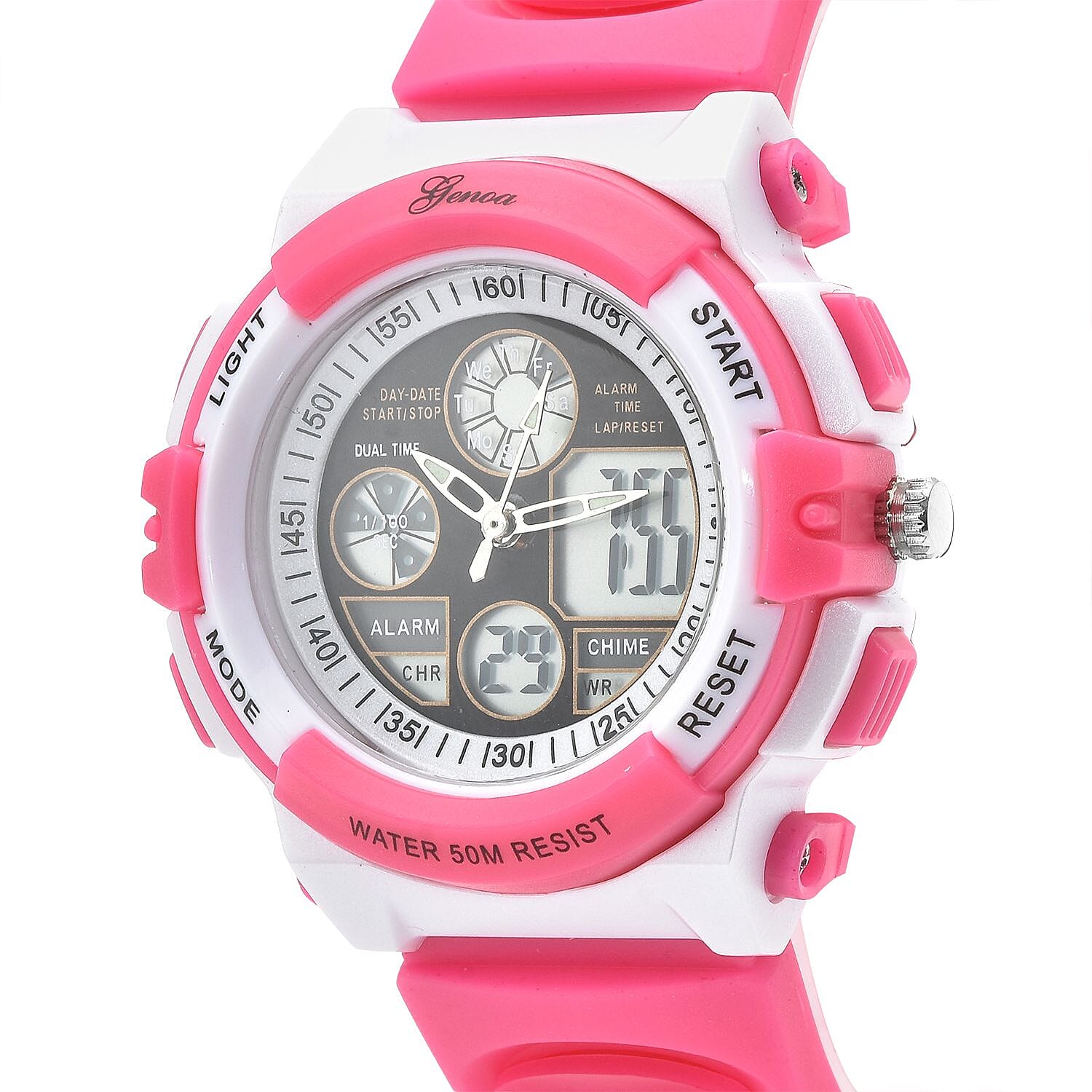 GENOA Japan Movement and Electronic Movement Black Dial 5 ATM Water Resistant Watch with Rose Red Colour Strap