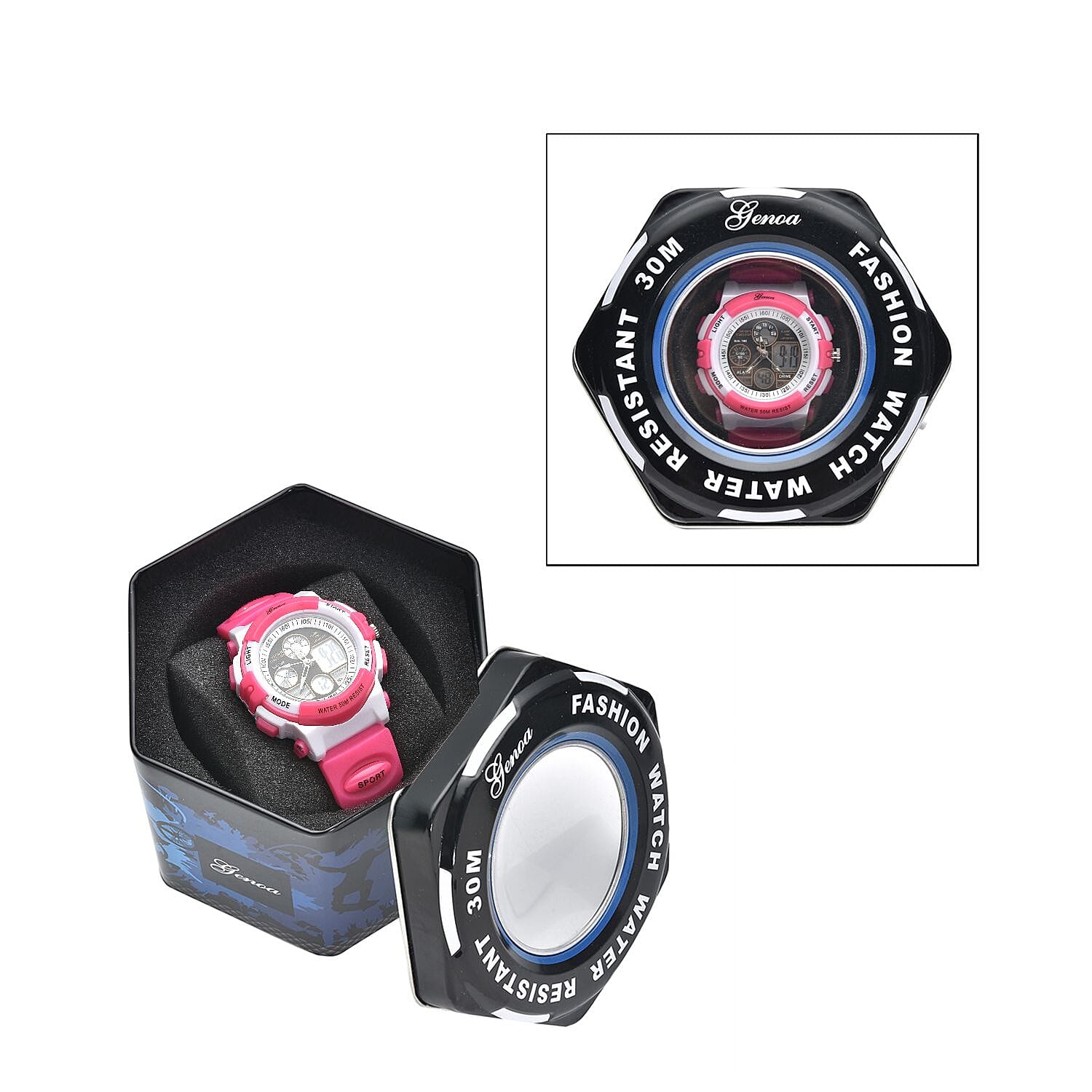 GENOA Japan Movement and Electronic Movement Black Dial 5 ATM Water Resistant Watch with Rose Red Colour Strap