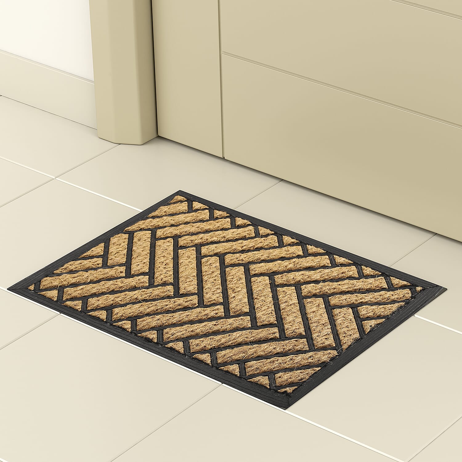 Set of 2 - Rubber Chevron Door Mats (Size 60x40 cm) - Brown & Black