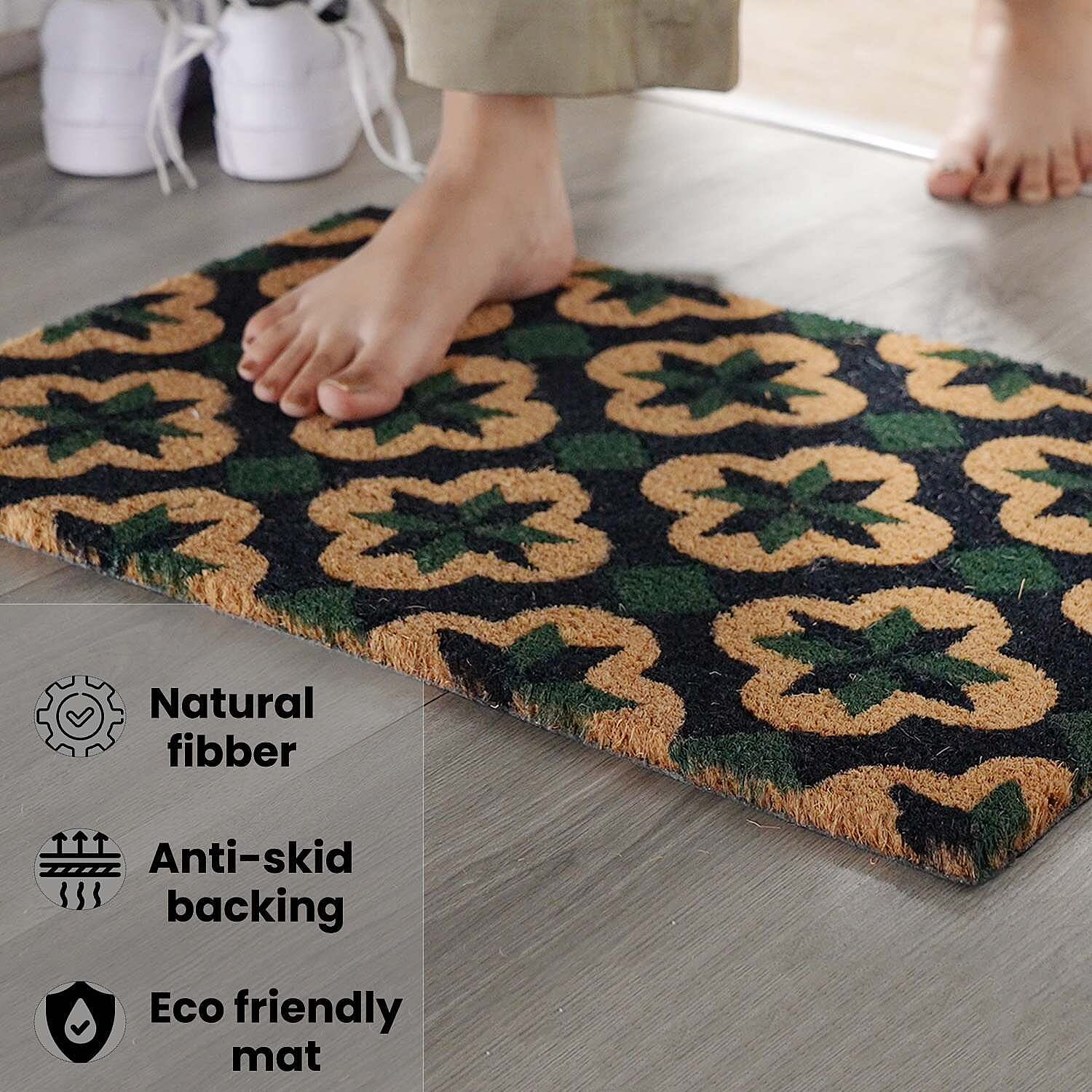 PVC Backed Coir Natural Printed Rug and Door Mat (Size 40x60 cm) - Multi Colour
