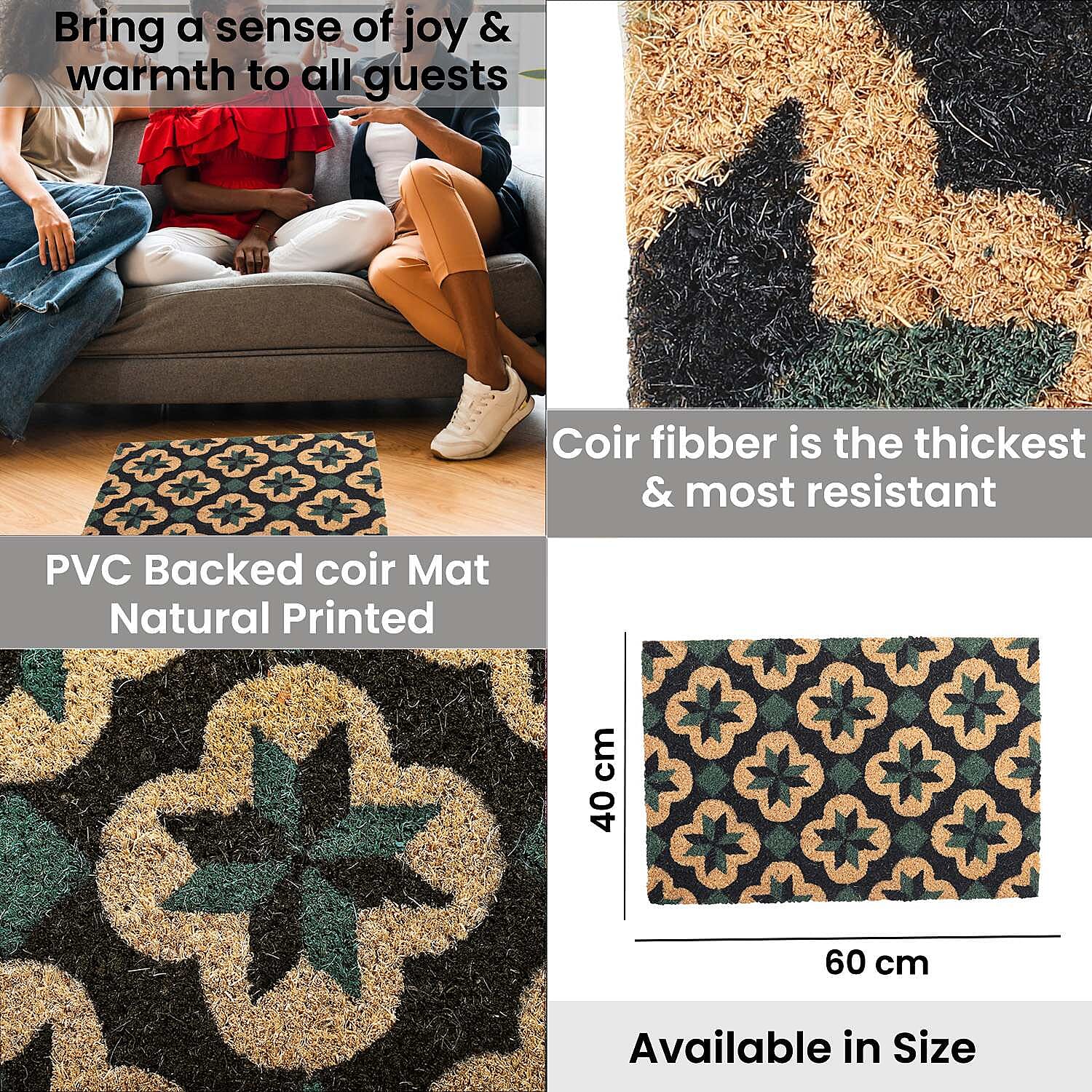 PVC Backed Coir Natural Printed Rug and Door Mat (Size 40x60 cm) - Multi Colour