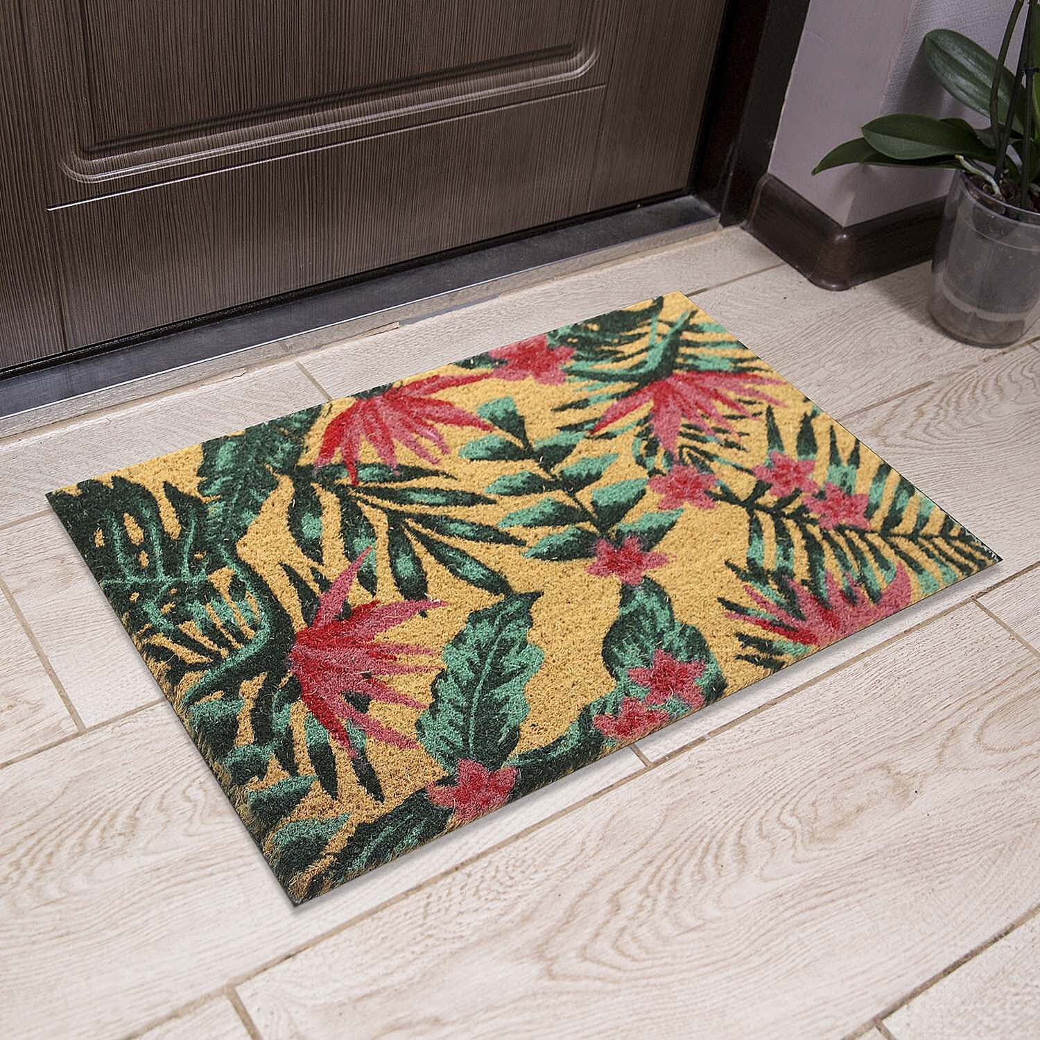 PVC Backed Coir Leaf Printed Rug and Door Mat (Size 60x40 cm) - Multi