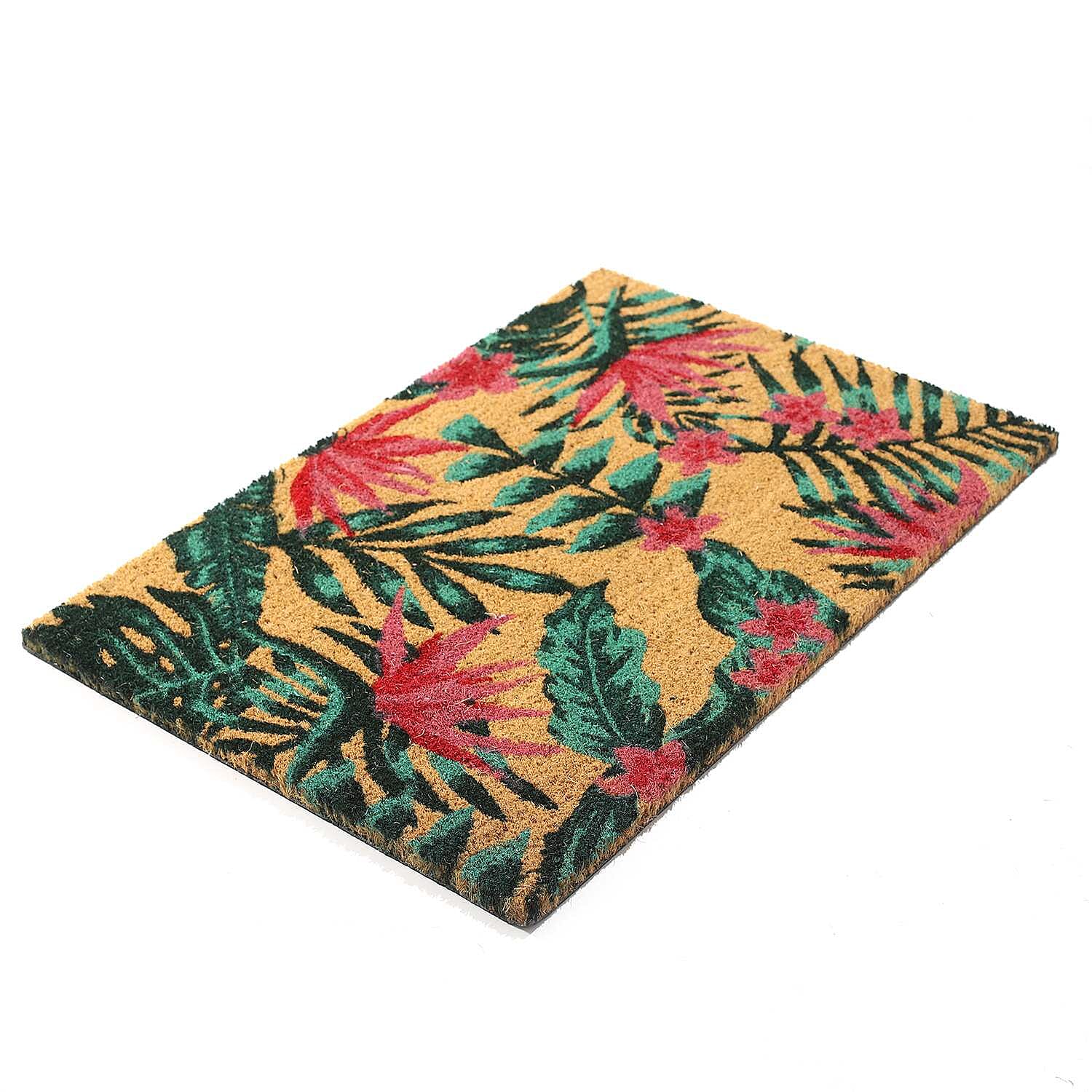 PVC Backed Coir Leaf Printed Rug and Door Mat (Size 60x40 cm) - Multi