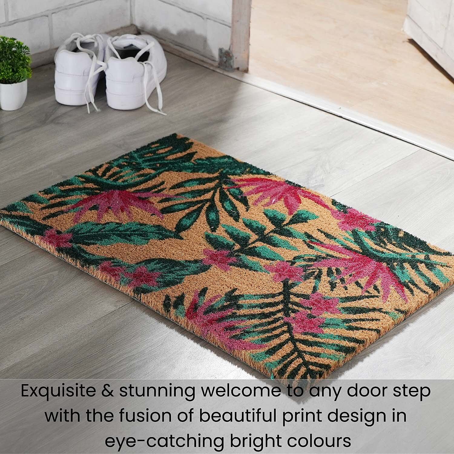 PVC Backed Coir Leaf Printed Rug and Door Mat (Size 60x40 cm) - Multi