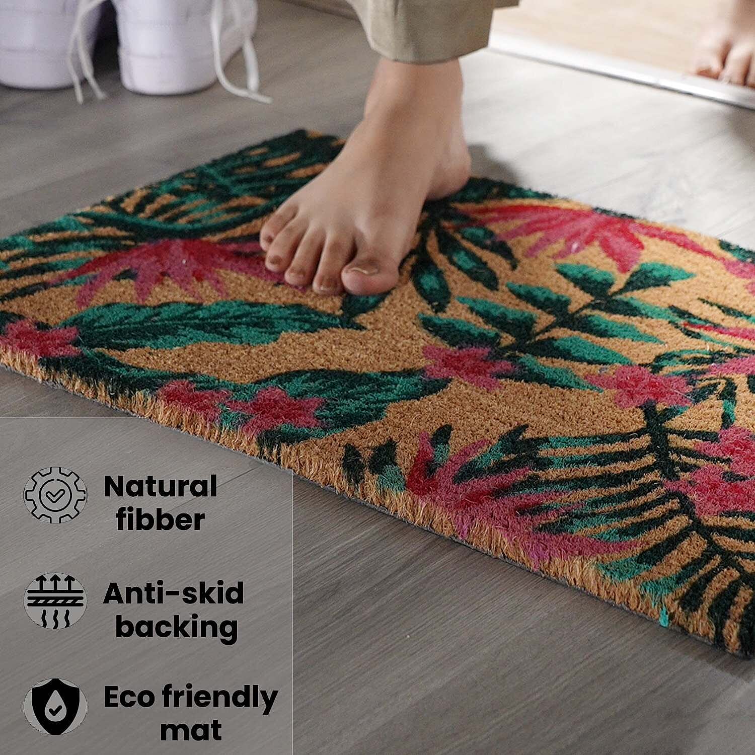 PVC Backed Coir Leaf Printed Rug and Door Mat (Size 60x40 cm) - Multi
