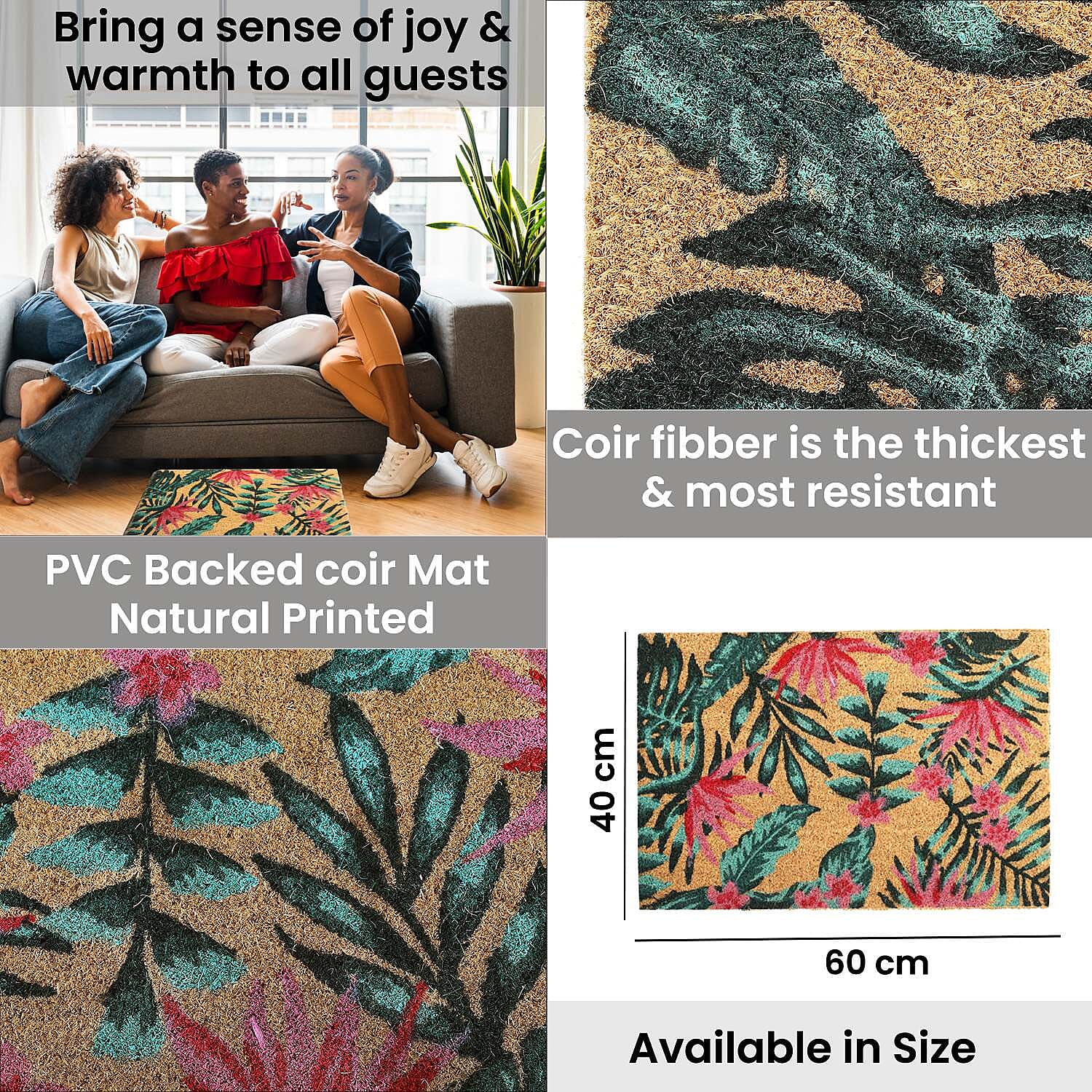 PVC Backed Coir Leaf Printed Rug and Door Mat (Size 60x40 cm) - Multi