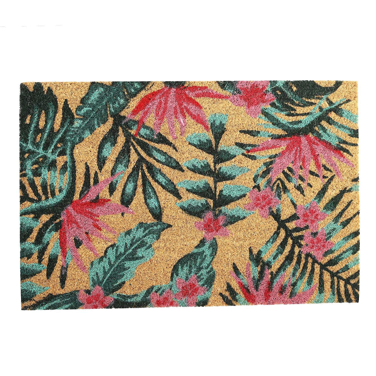 PVC Backed Coir Leaf Printed Rug and Door Mat (Size 60x40 cm) - Multi
