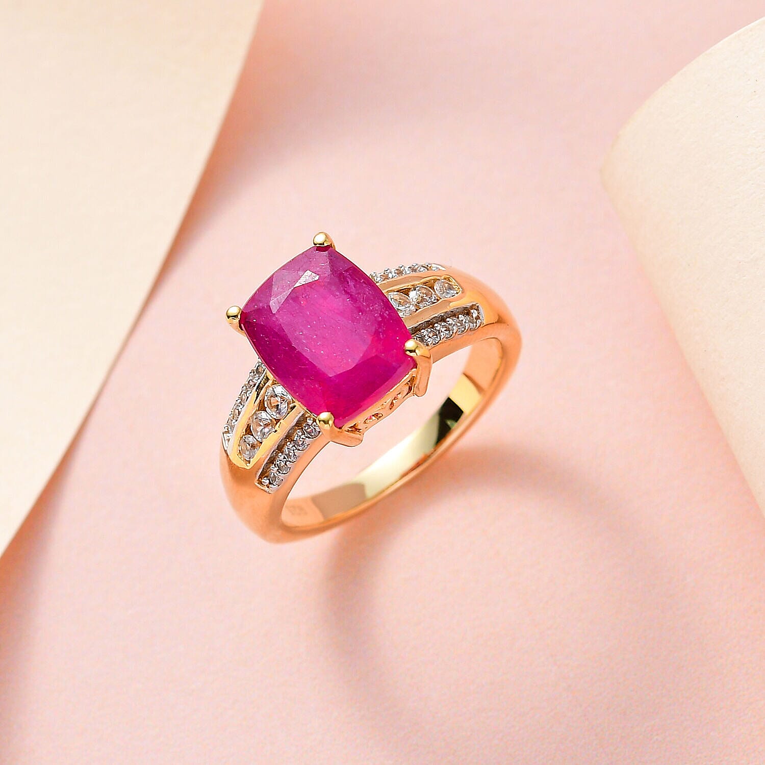 African Ruby & Natural Zircon Halo Ring in 18K Yellow Gold Vermeil Plated Sterling Silver 4.403 Ct