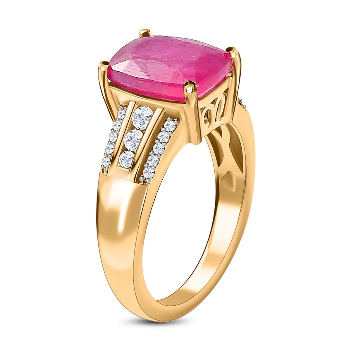 African Ruby & Natural Zircon Halo Ring in 18K Yellow Gold Vermeil Plated Sterling Silver 4.403 Ct