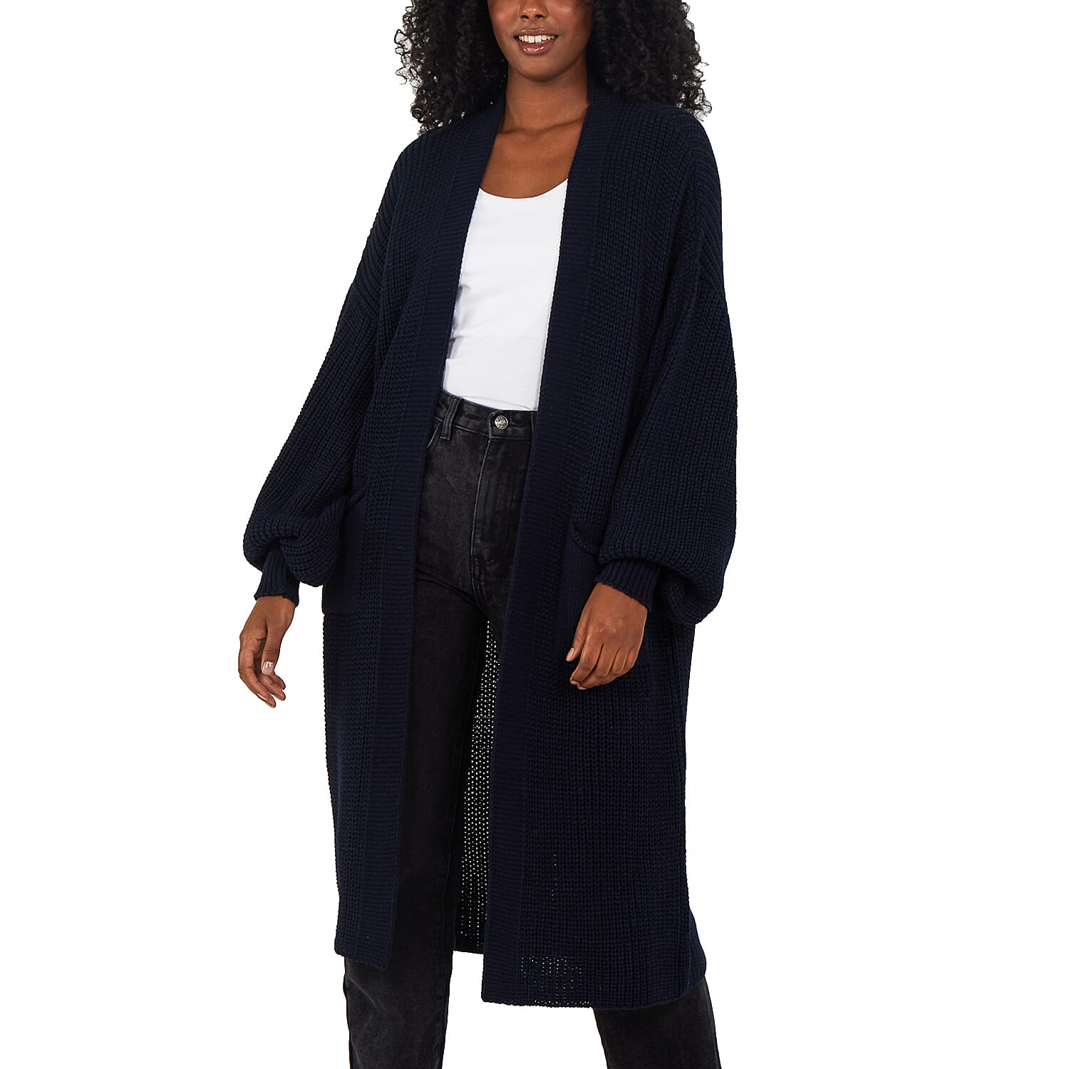 NOVA OF LONDON Acrylic Knitted Full Sleeve Long Cardigan - Navy