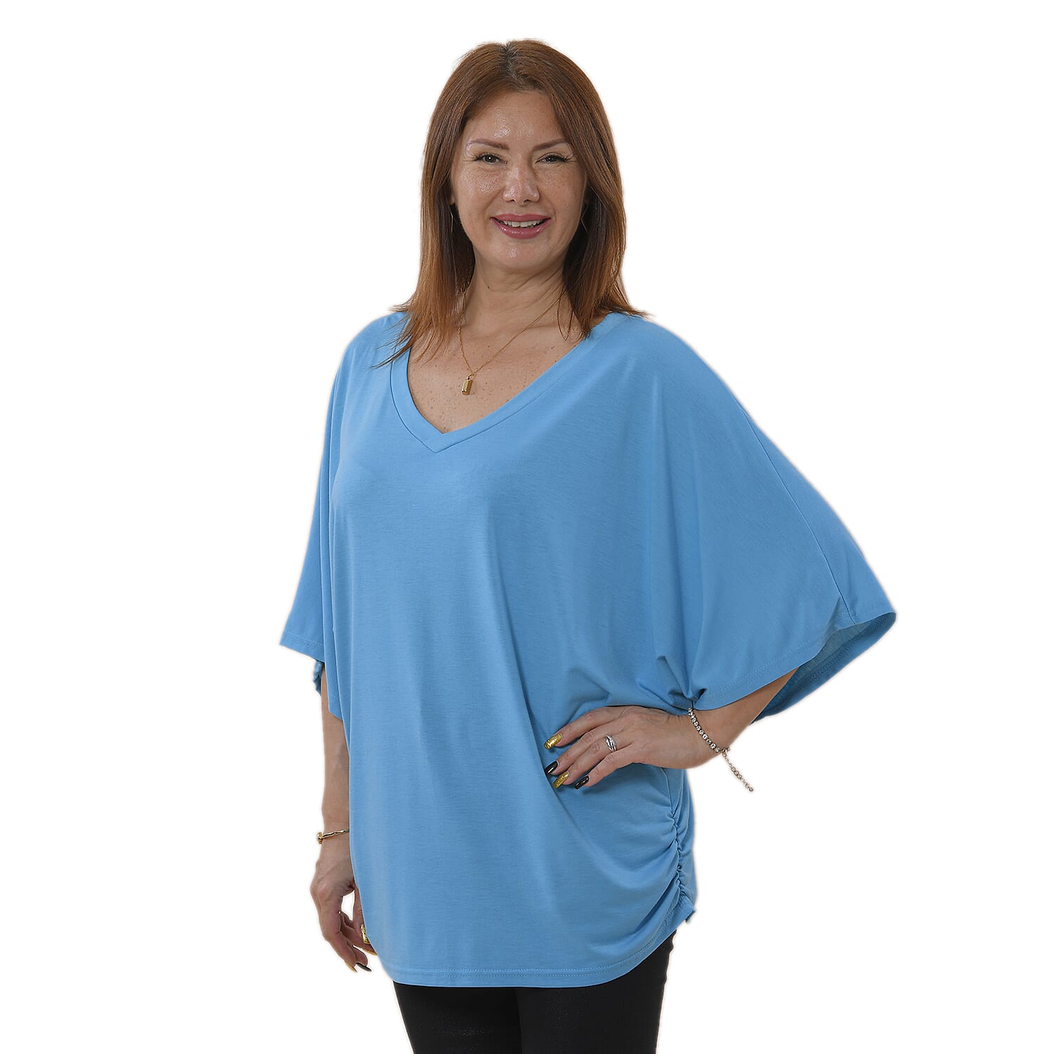 TAMSY V-Neck Knit Drape Top - Blue