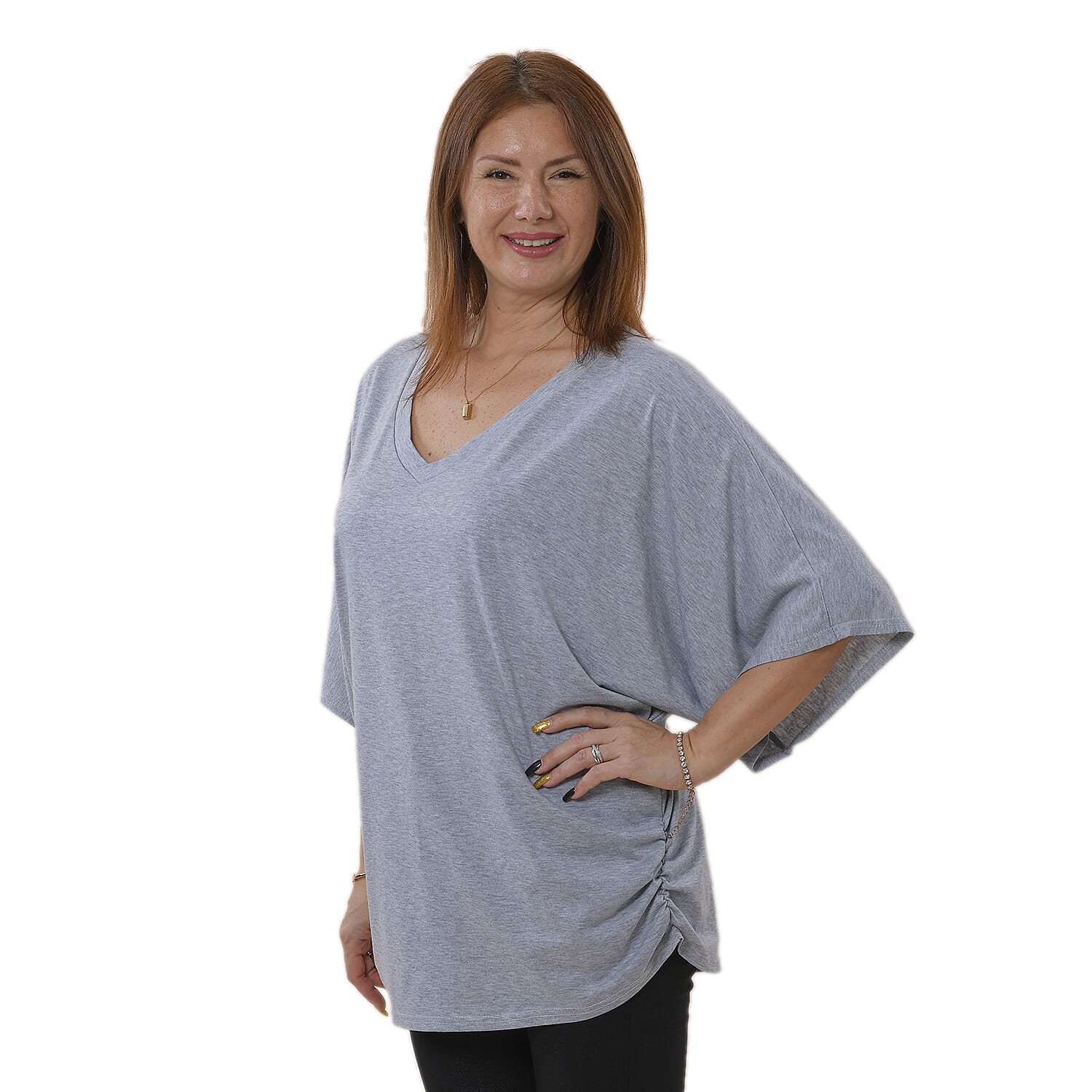 TAMSY V-Neck Knit Drape Top (Size 8-22) - Grey