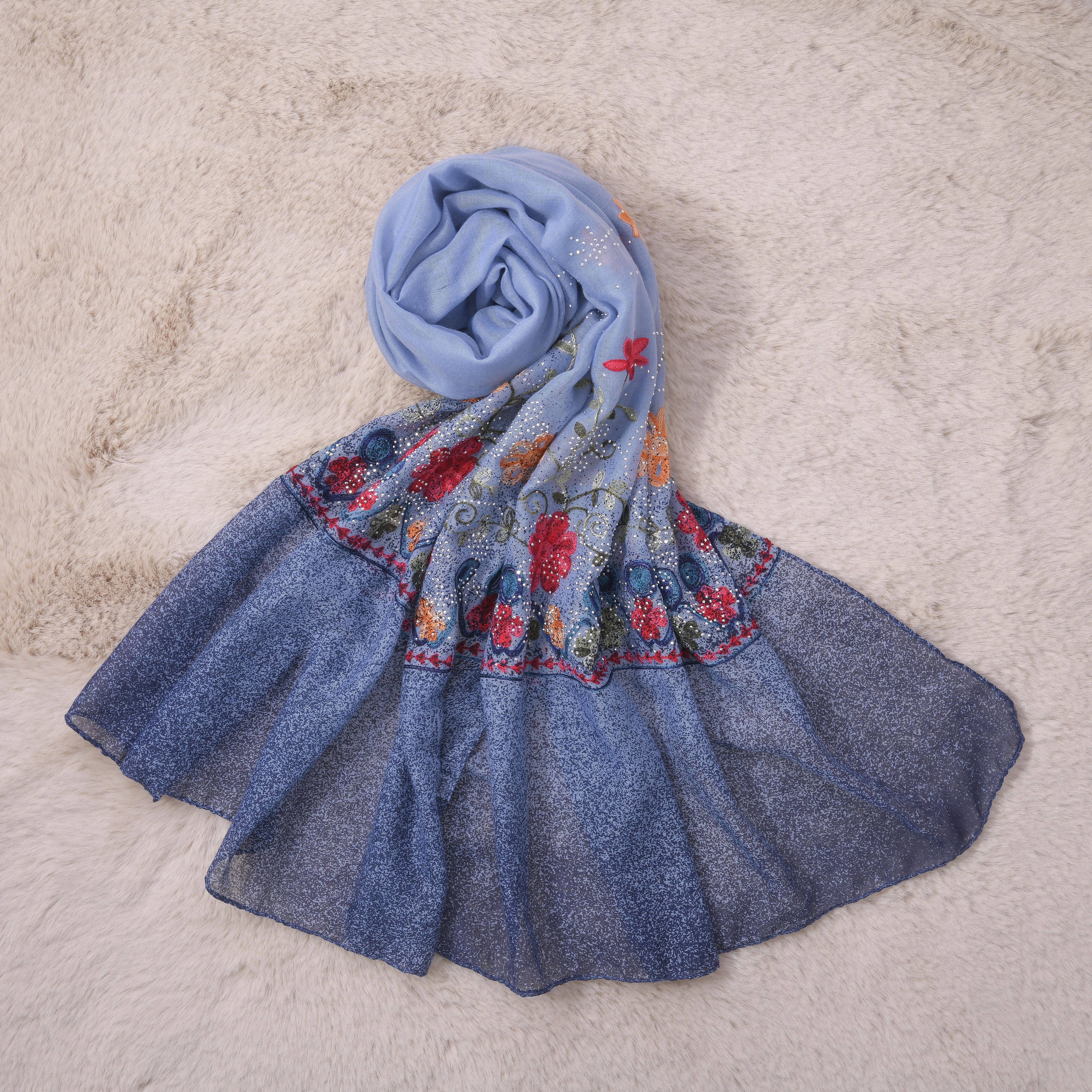 Tamsy Floral Embroidery Scarf - Blue