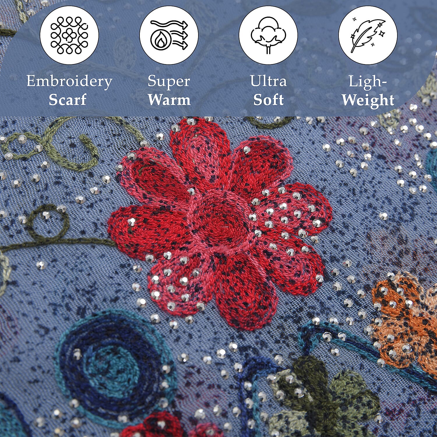 Tamsy Floral Embroidery Scarf - Blue