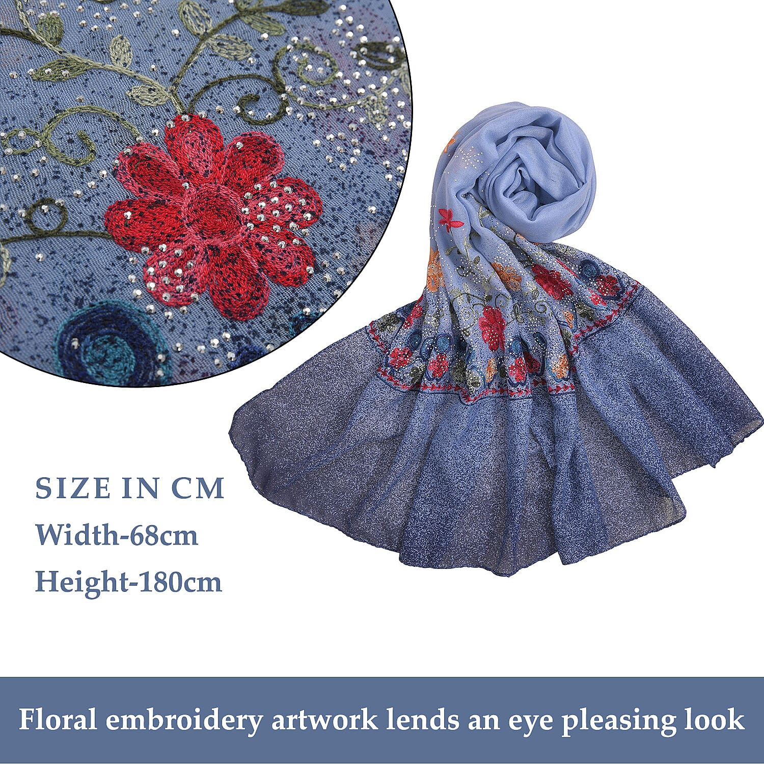 Tamsy Floral Embroidery Scarf - Blue