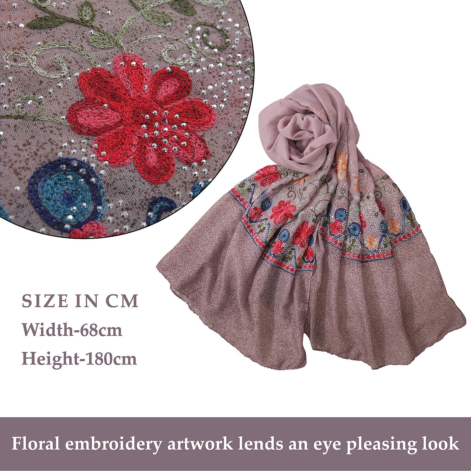 Tamsy Floral Embroidery Scarf (Size 180x68 Cm) - Pink