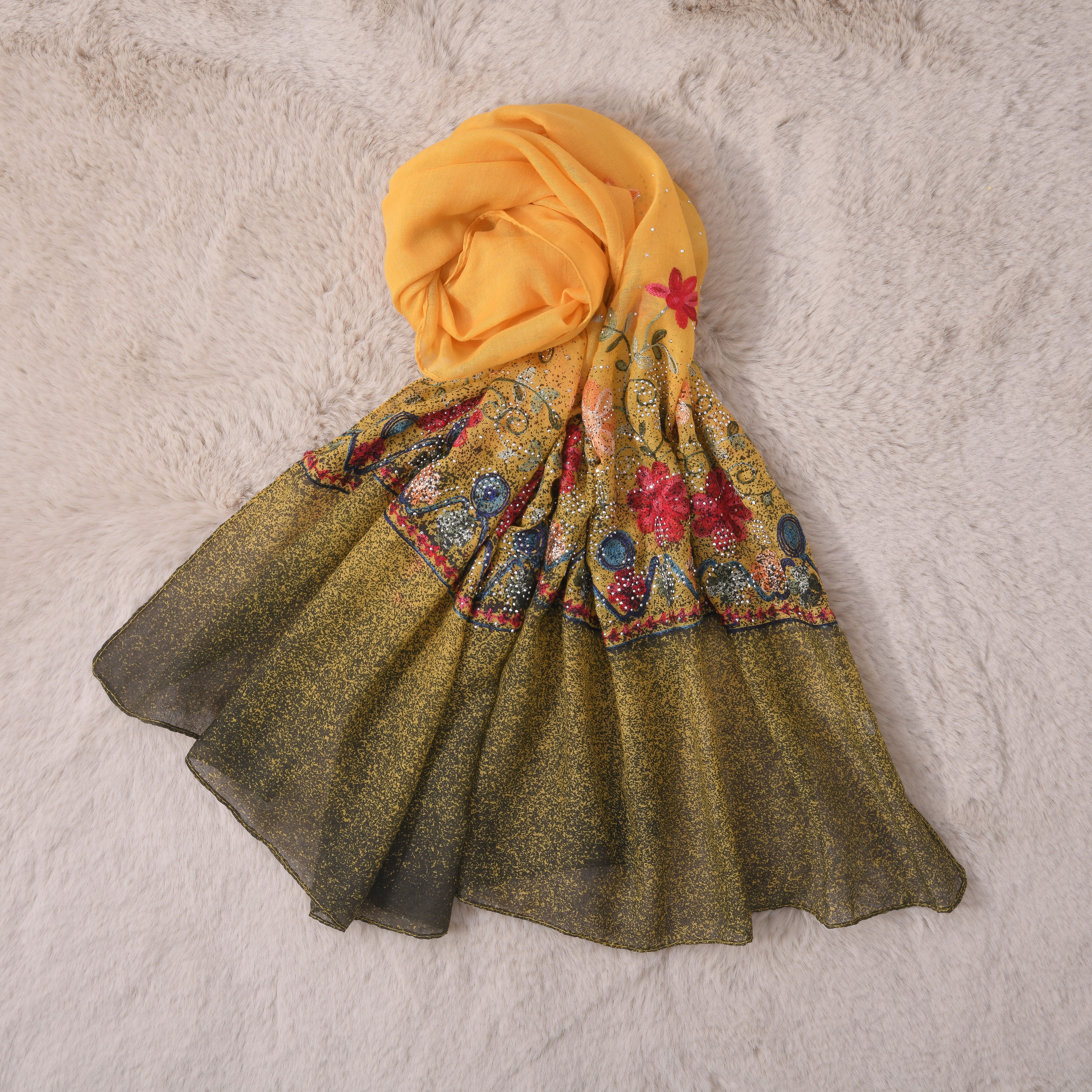 Tamsy Floral Embroidery Scarf (Size 180x68 Cm) - Yellow