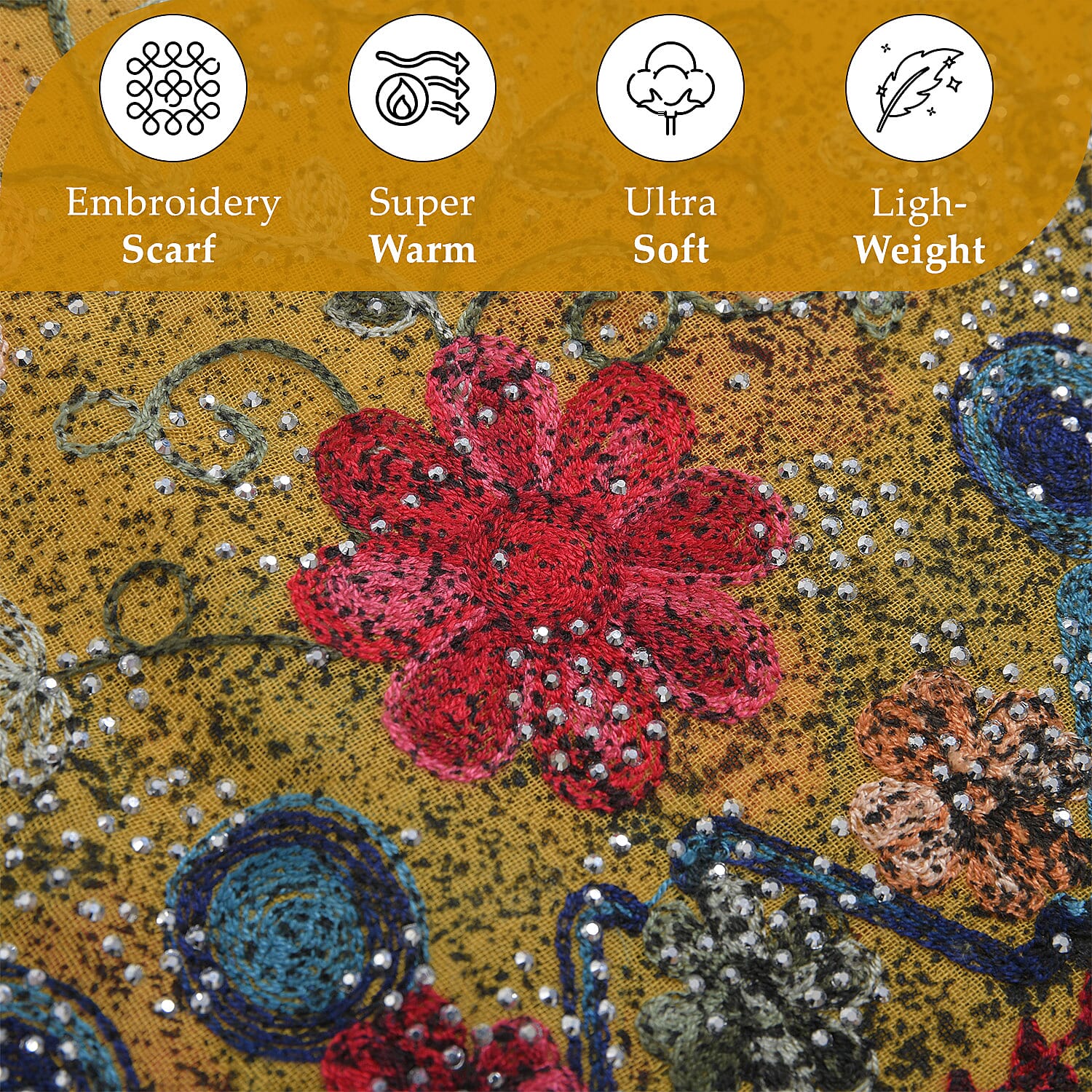 Tamsy Floral Embroidery Scarf (Size 180x68 Cm) - Yellow