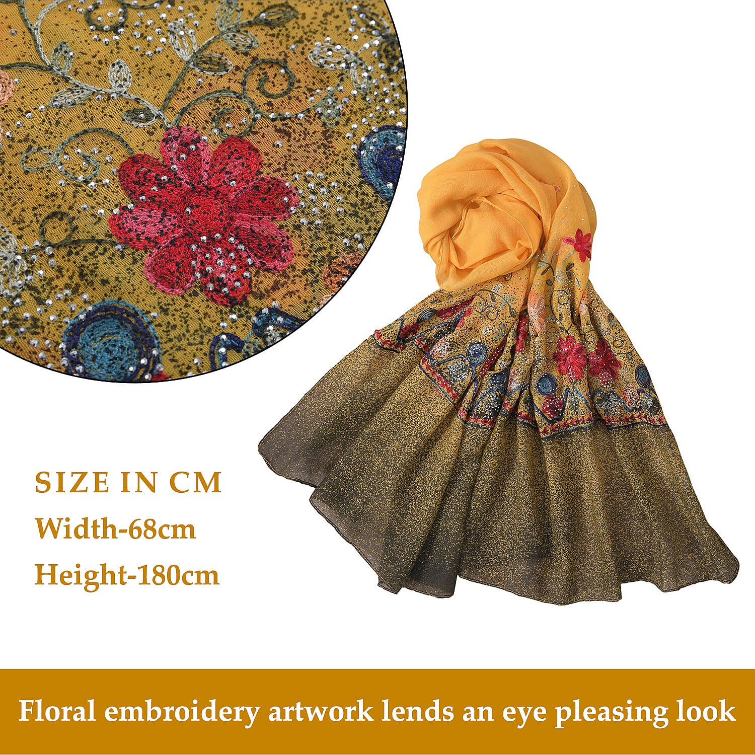 Tamsy Floral Embroidery Scarf (Size 180x68 Cm) - Yellow