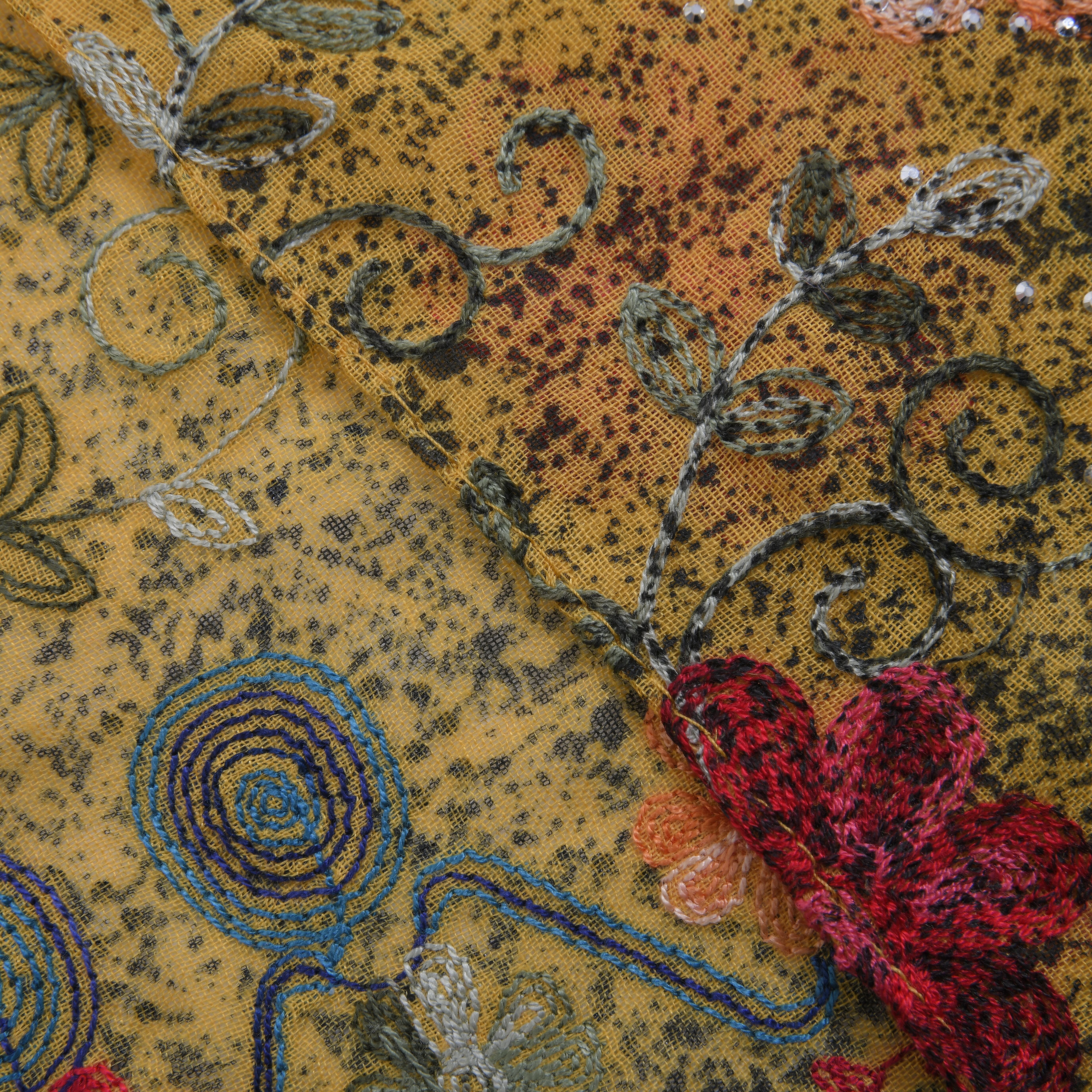 Tamsy Floral Embroidery Scarf (Size 180x68 Cm) - Yellow