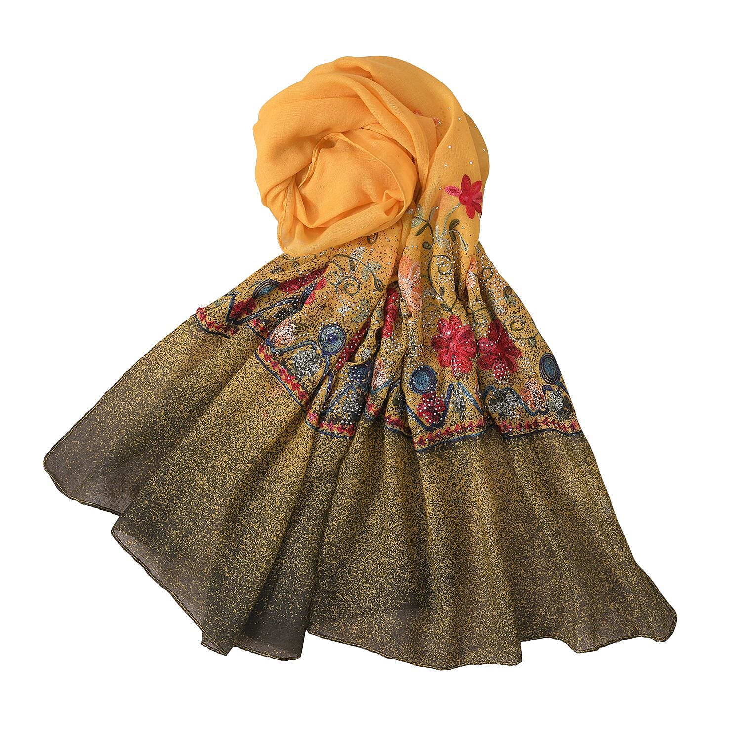 Tamsy Floral Embroidery Scarf (Size 180x68 Cm) - Yellow