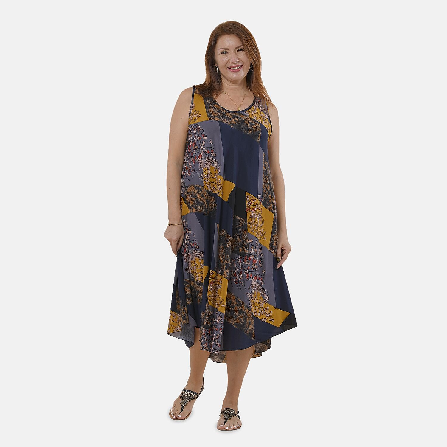 Tamsy 100% Viscose Floral Pattern Dress (Size 105x60 Cm) - Yellow, Grey Dark and Navy