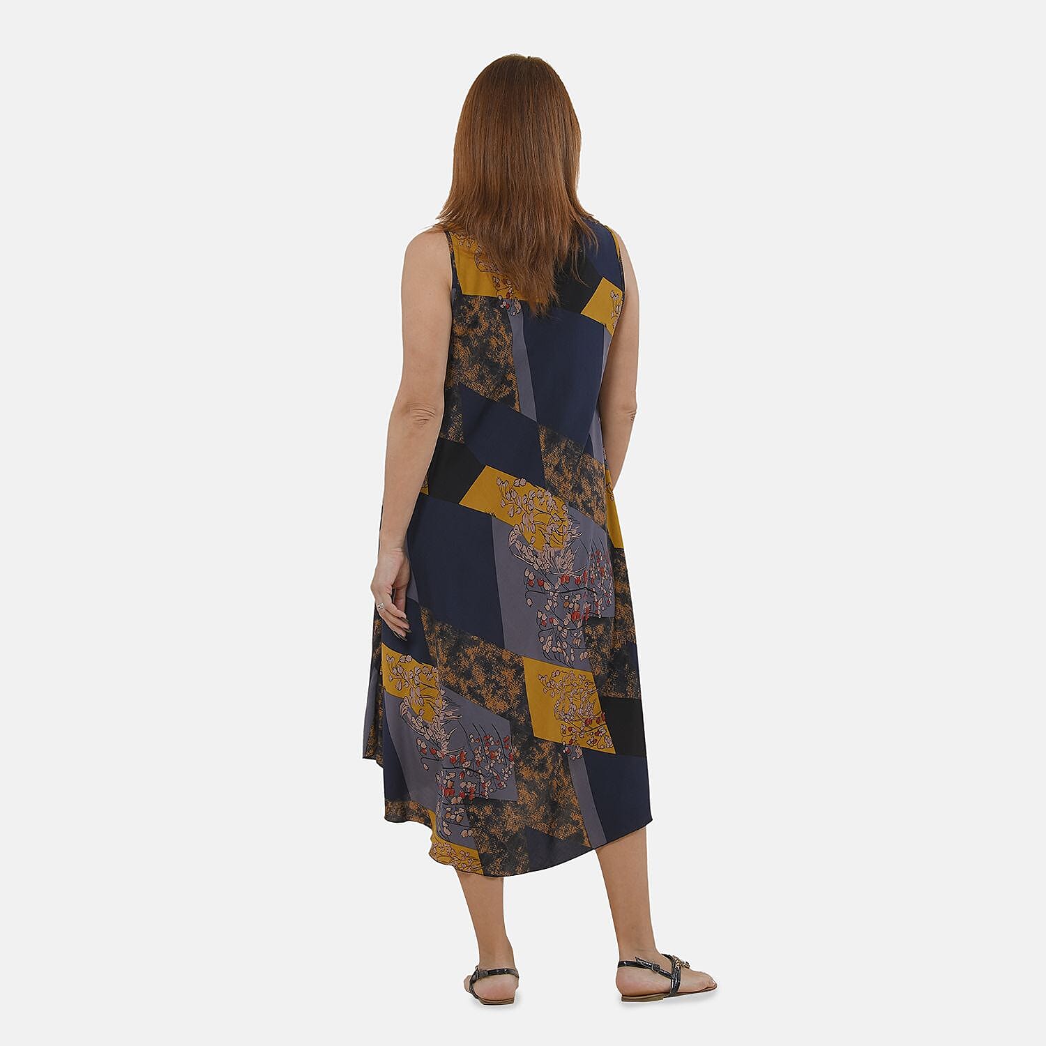 Tamsy 100% Viscose Floral Pattern Dress (Size 105x60 Cm) - Yellow, Grey Dark and Navy