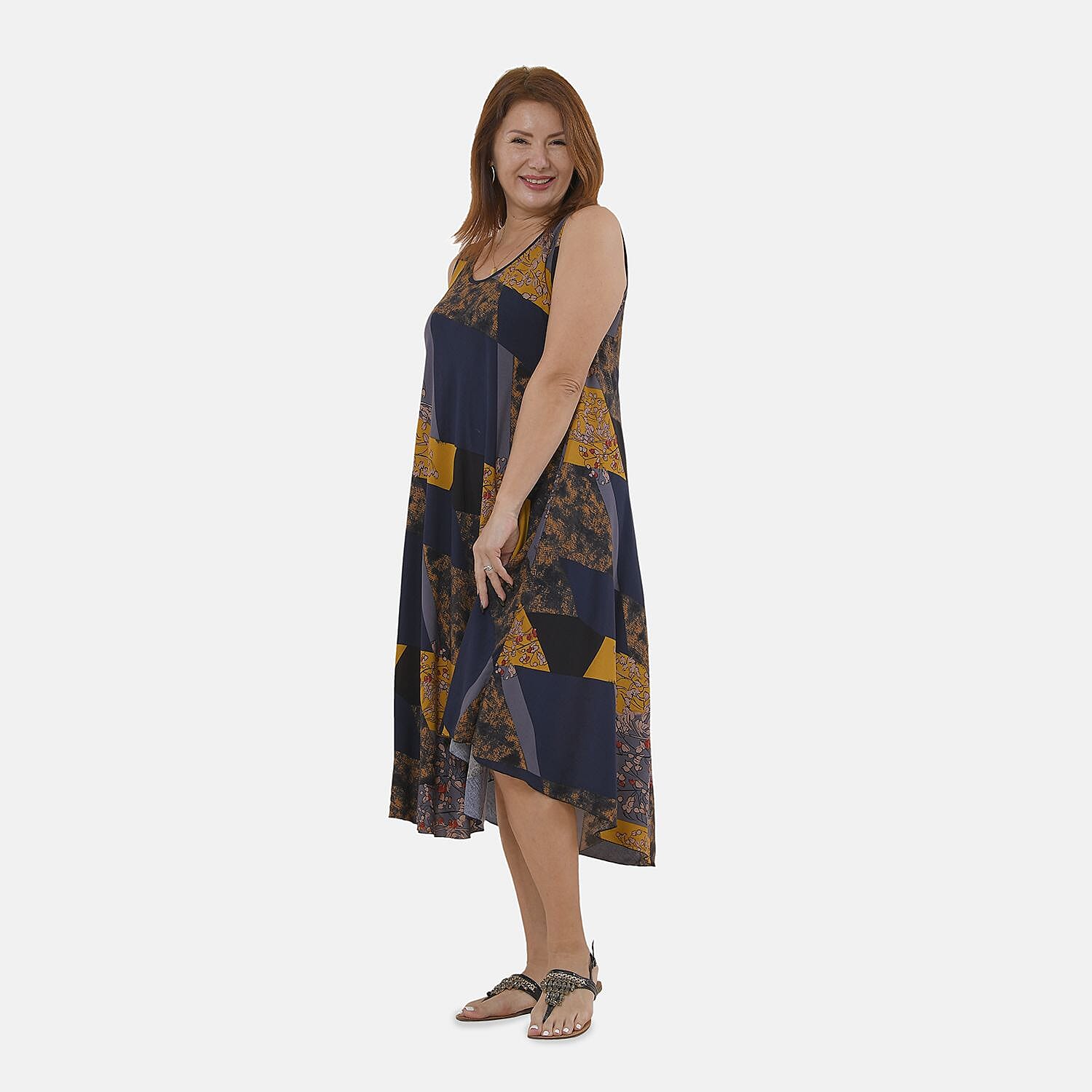 Tamsy 100% Viscose Floral Pattern Dress (Size 105x60 Cm) - Yellow, Grey Dark and Navy