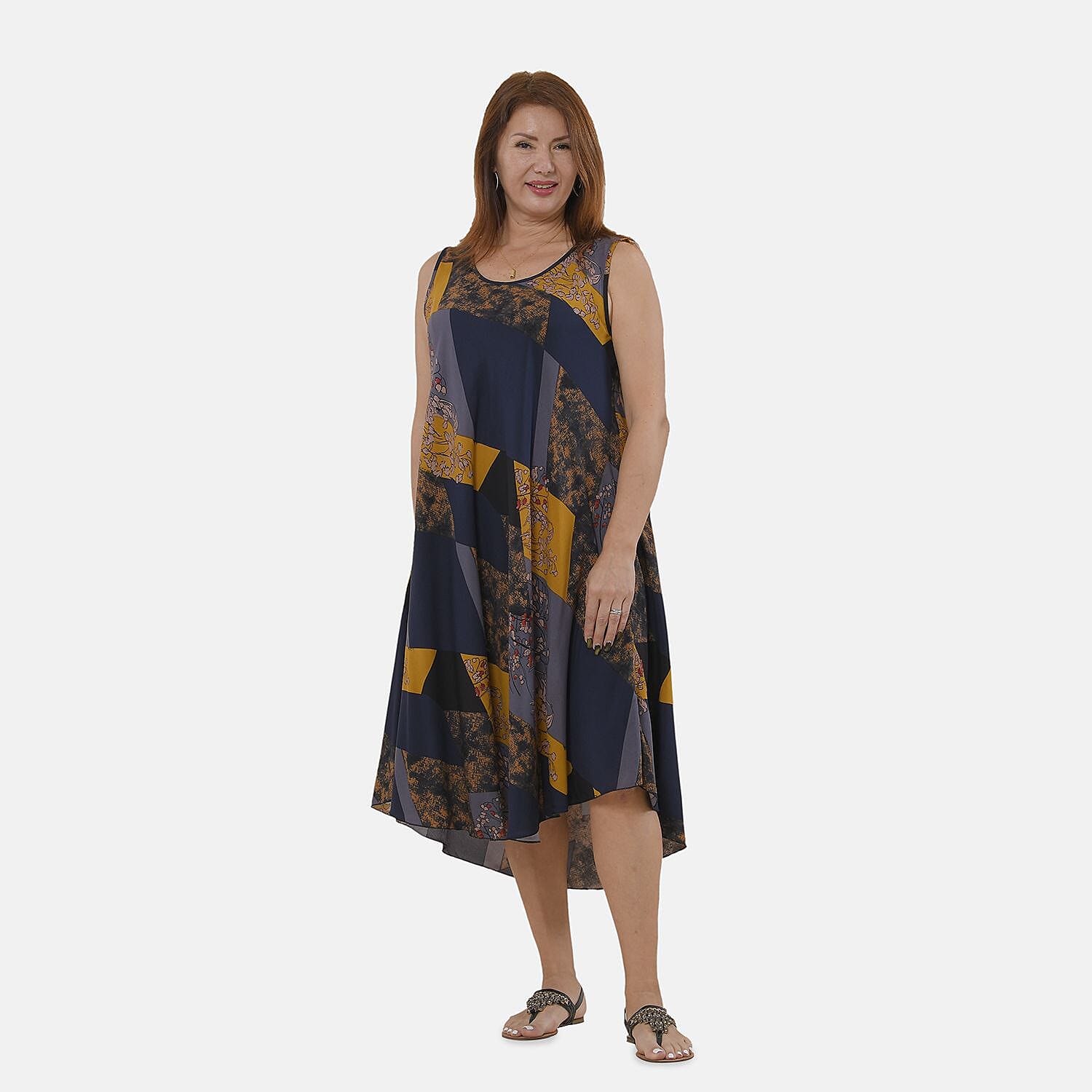 Tamsy 100% Viscose Floral Pattern Dress (Size 105x60 Cm) - Yellow, Grey Dark and Navy