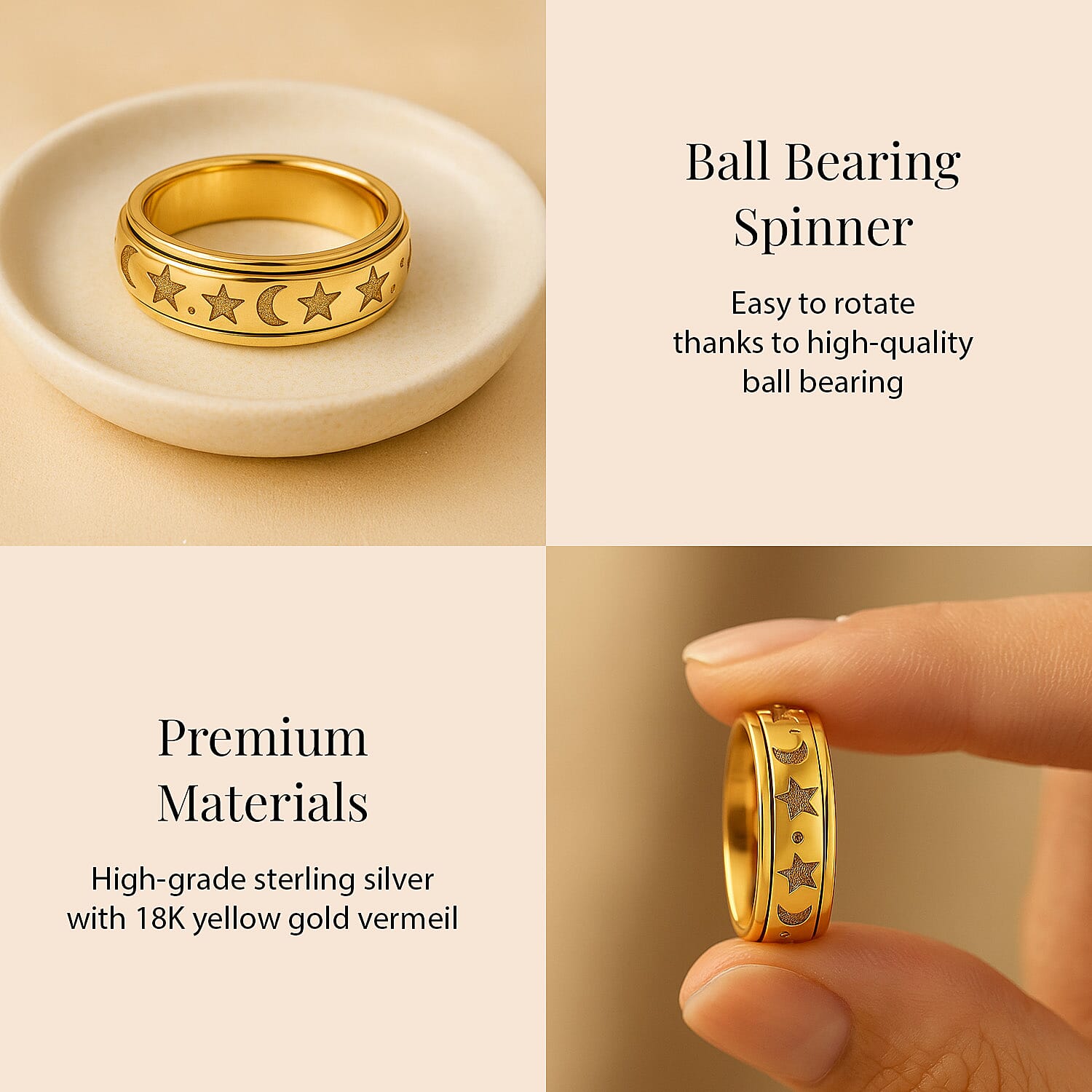 Sterling Silver Fidget Spinner Band Anxiety Stress Reliever Ring for Men and Women