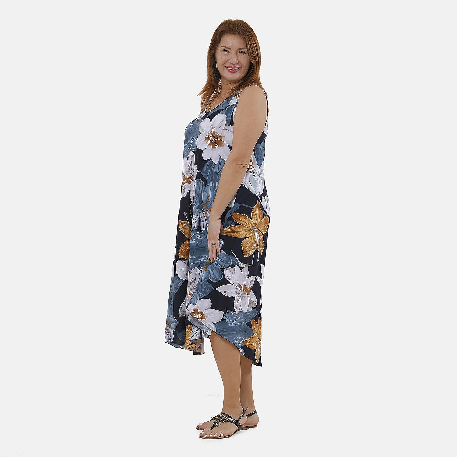 Tamsy 100% Viscose Floral Pattern Dress (Size 105x60 Cm) - Navy