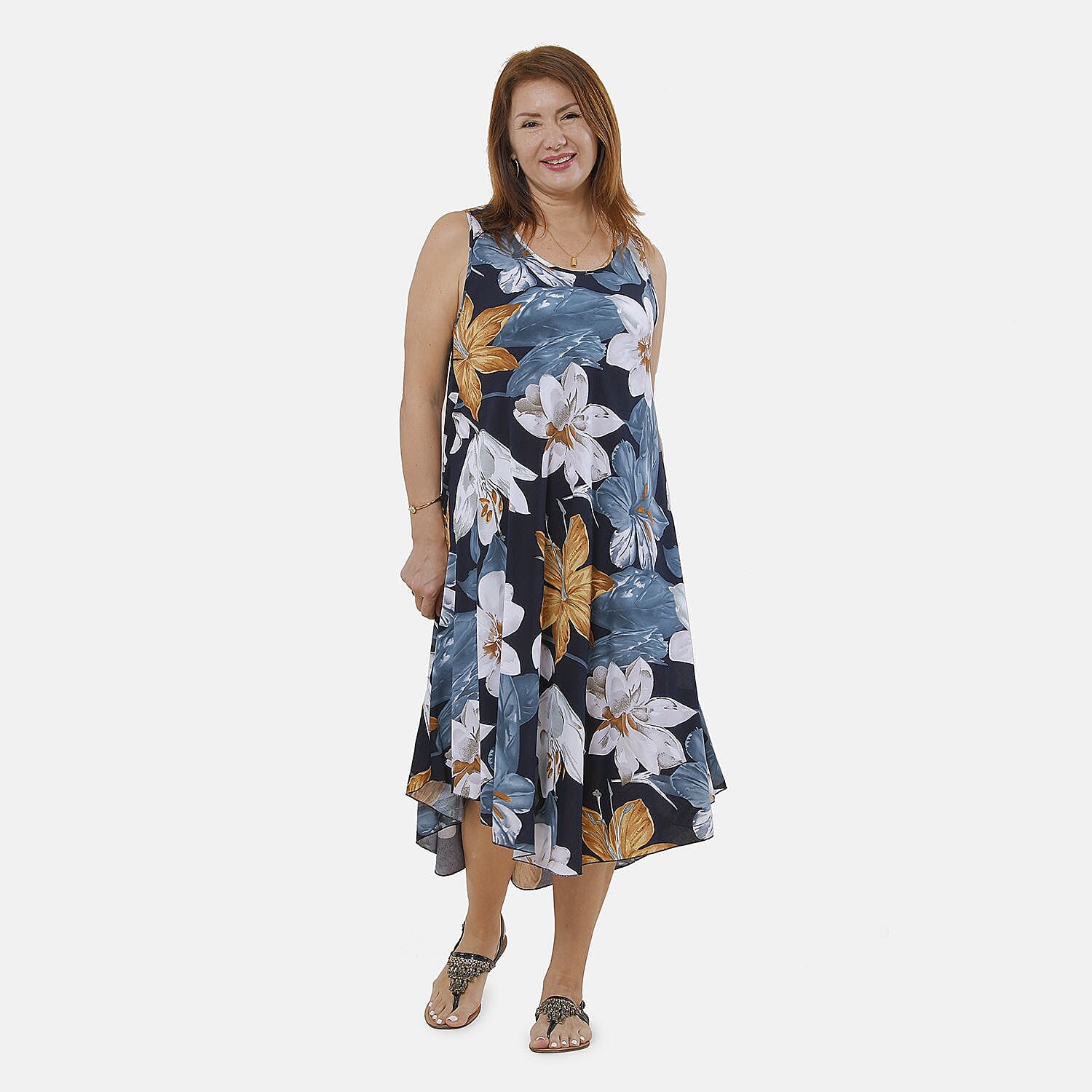 Tamsy 100% Viscose Floral Pattern Dress (Size 105x60 Cm) - Navy
