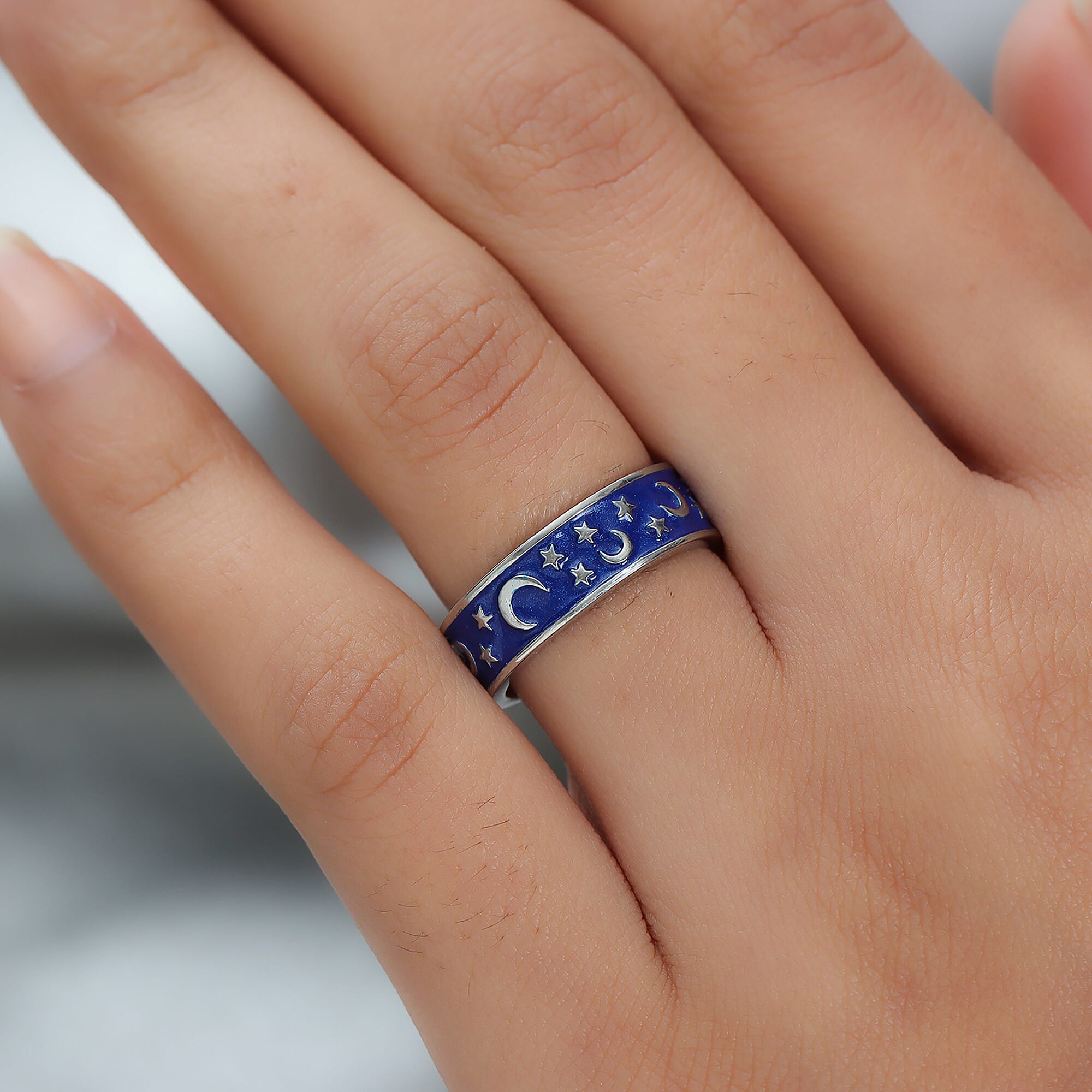 Platinum Overlay Sterling Silver Enamelled Crescent Moon & Star Ring