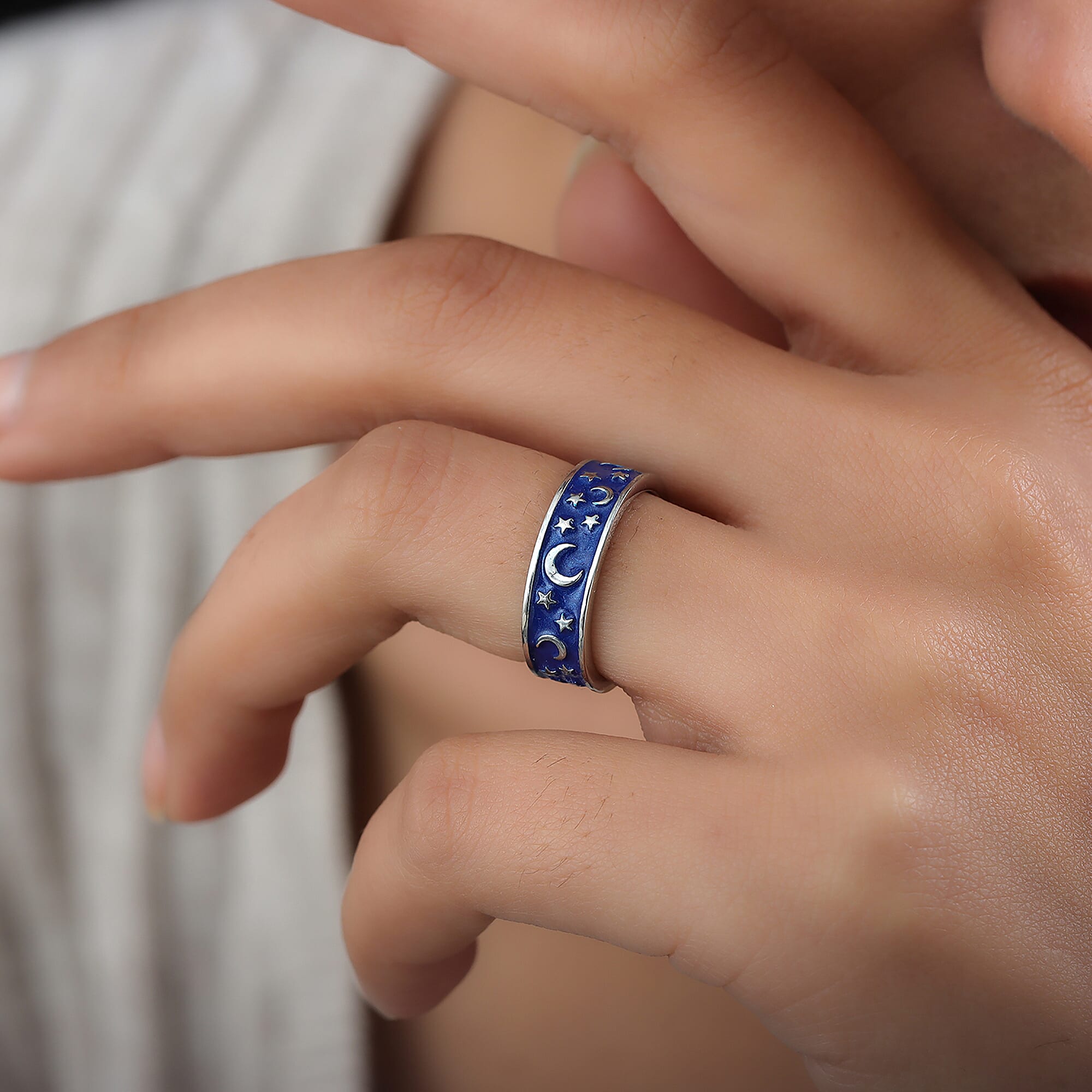 Platinum Overlay Sterling Silver Enamelled Crescent Moon & Star Ring