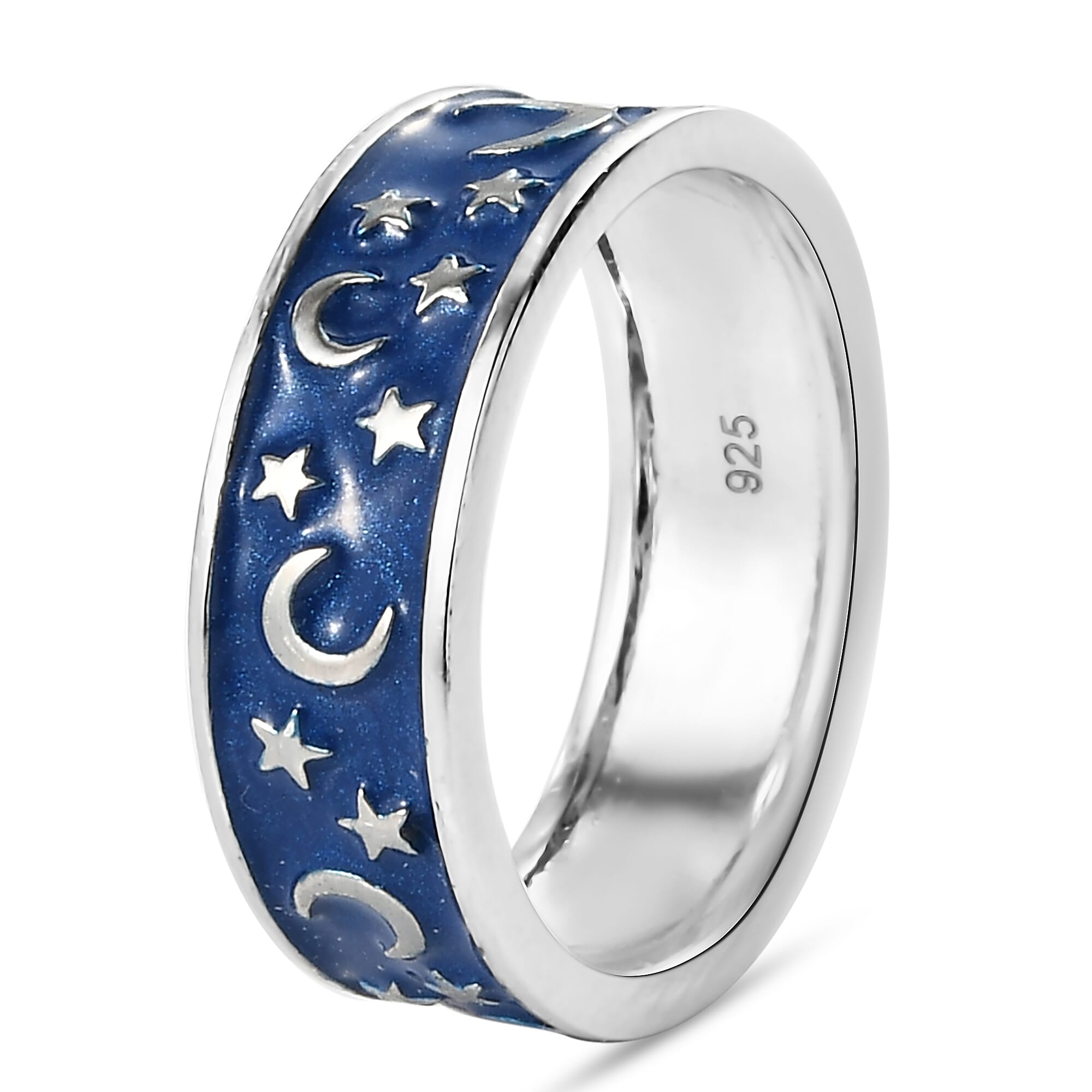 Platinum Overlay Sterling Silver Enamelled Crescent Moon & Star Ring
