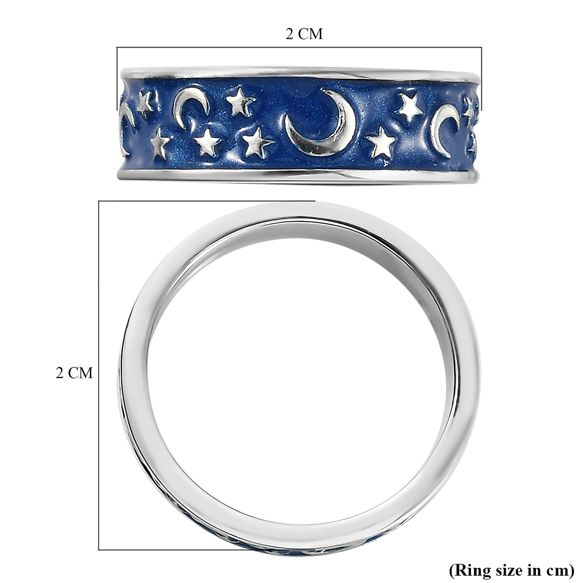 Platinum Overlay Sterling Silver Enamelled Crescent Moon & Star Ring