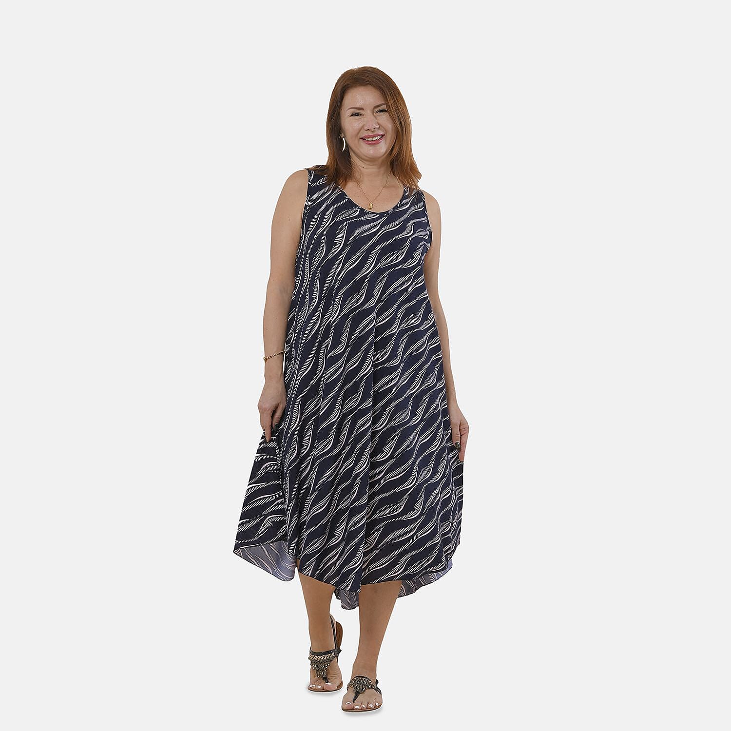 TAMSY 100% Viscose White Wave Pattern Dress (Size 105x60 Cm) - Navy