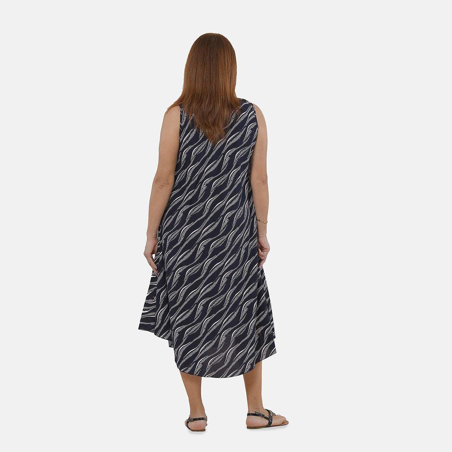 TAMSY 100% Viscose White Wave Pattern Dress (Size 105x60 Cm) - Navy