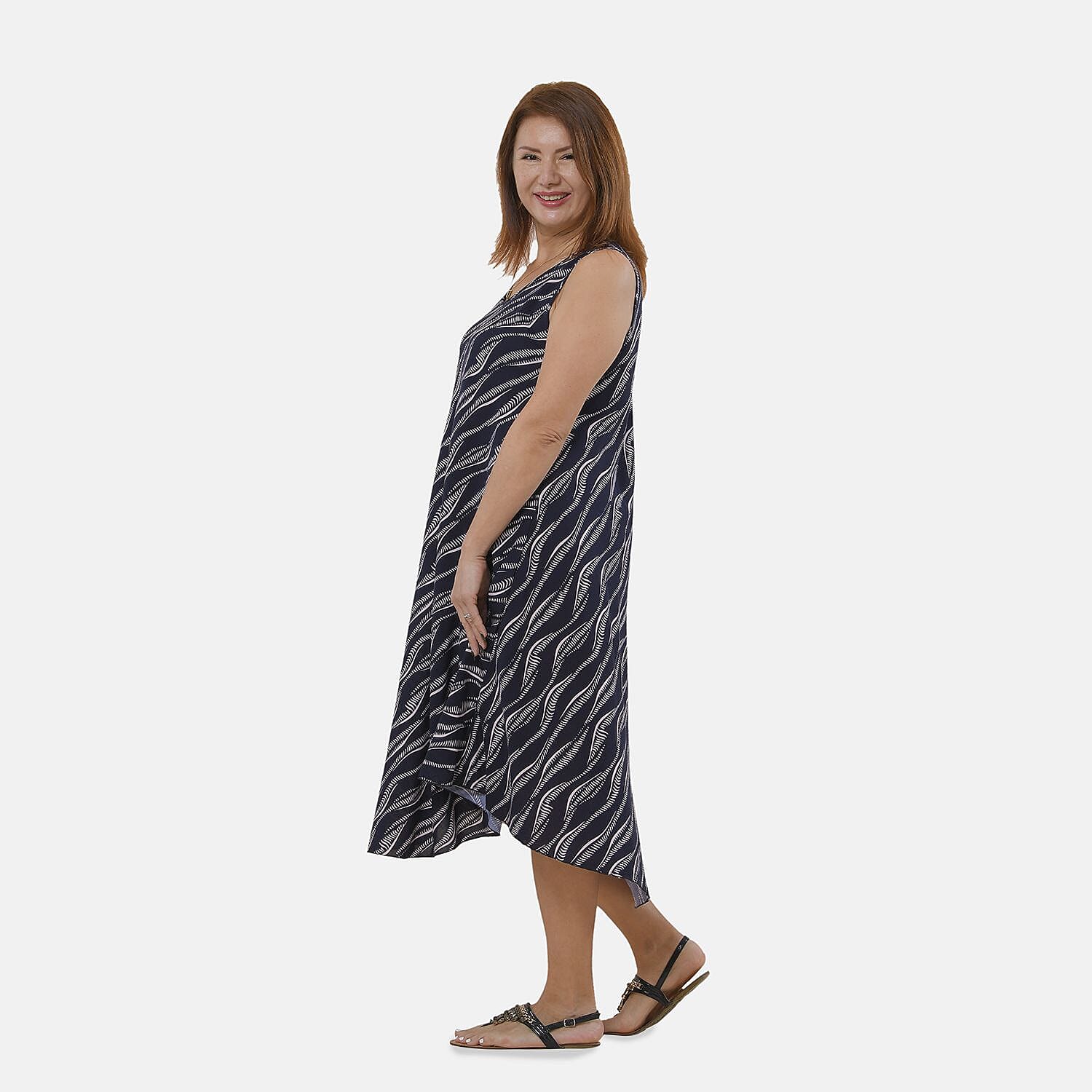 TAMSY 100% Viscose White Wave Pattern Dress (Size 105x60 Cm) - Navy