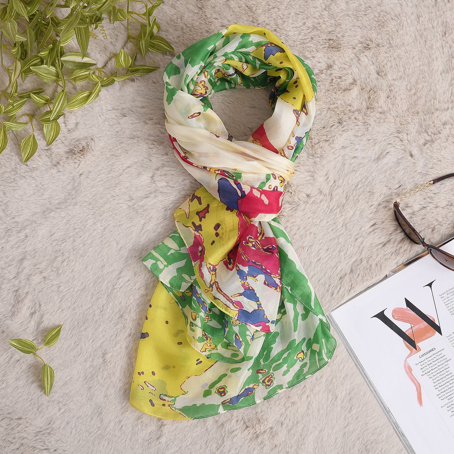 La Marey Floral Silk Scarf - Green and Yellow