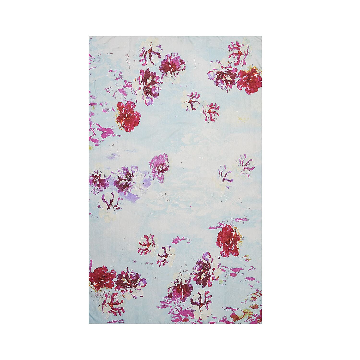 La Marey Floral 100 Mulberry Silk Scarf (Size 178x110 Cm)  - Light Blue & Purple