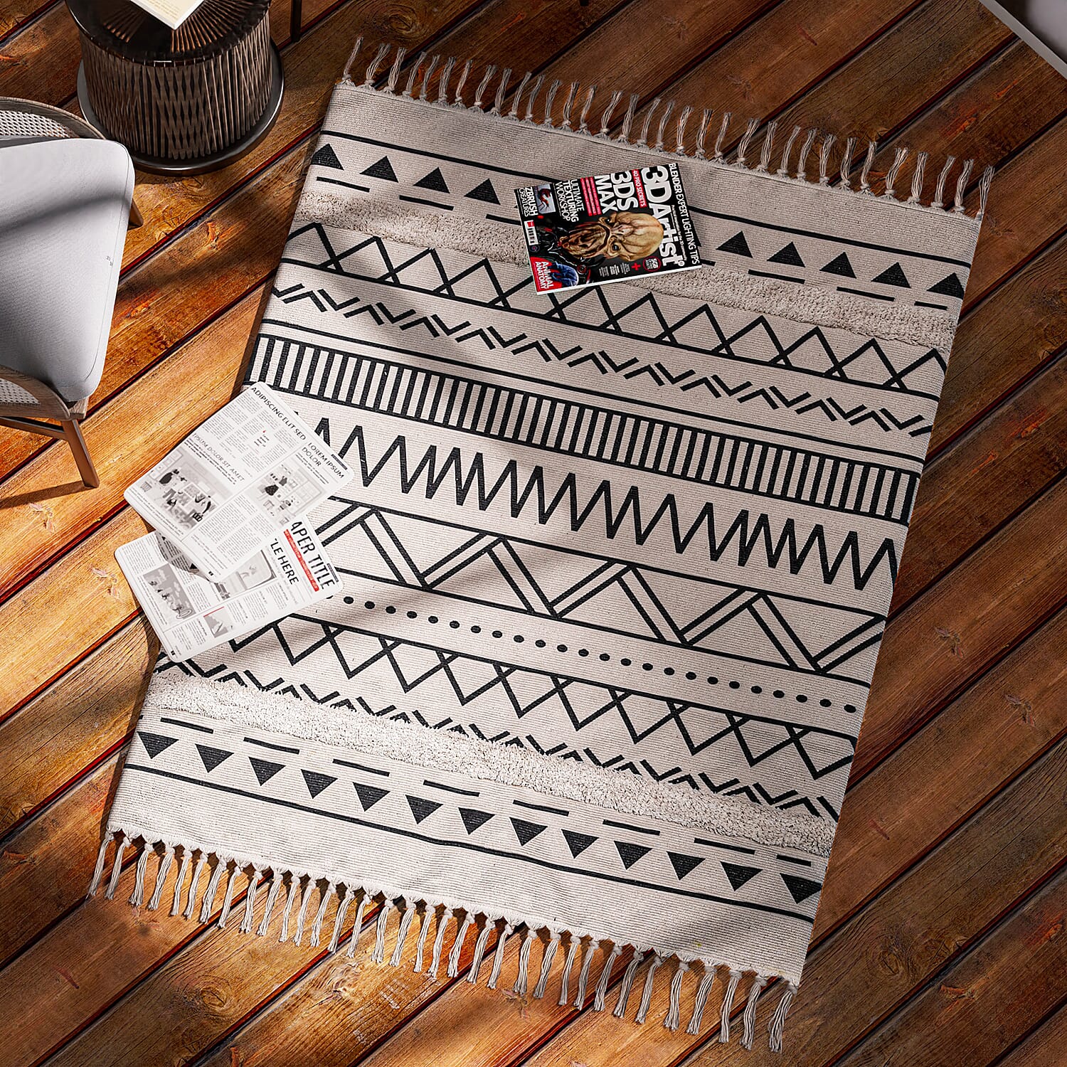 Tribal Pattern Rugs with Tassel Multipurpose Carpet (Size 140x95 Cm) - Cream - Grey