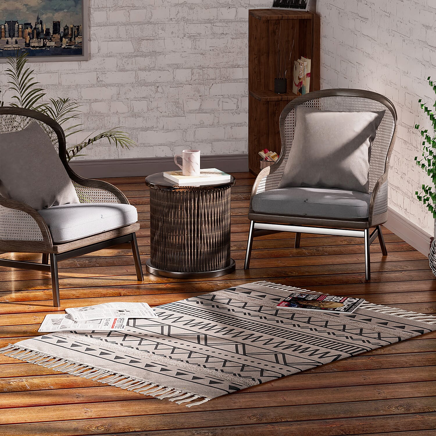 Cotton Blend Tribal Pattern Rugs with Tassel Multipurpose Carpet (Size 175x116 Cm) - Cream & Grey