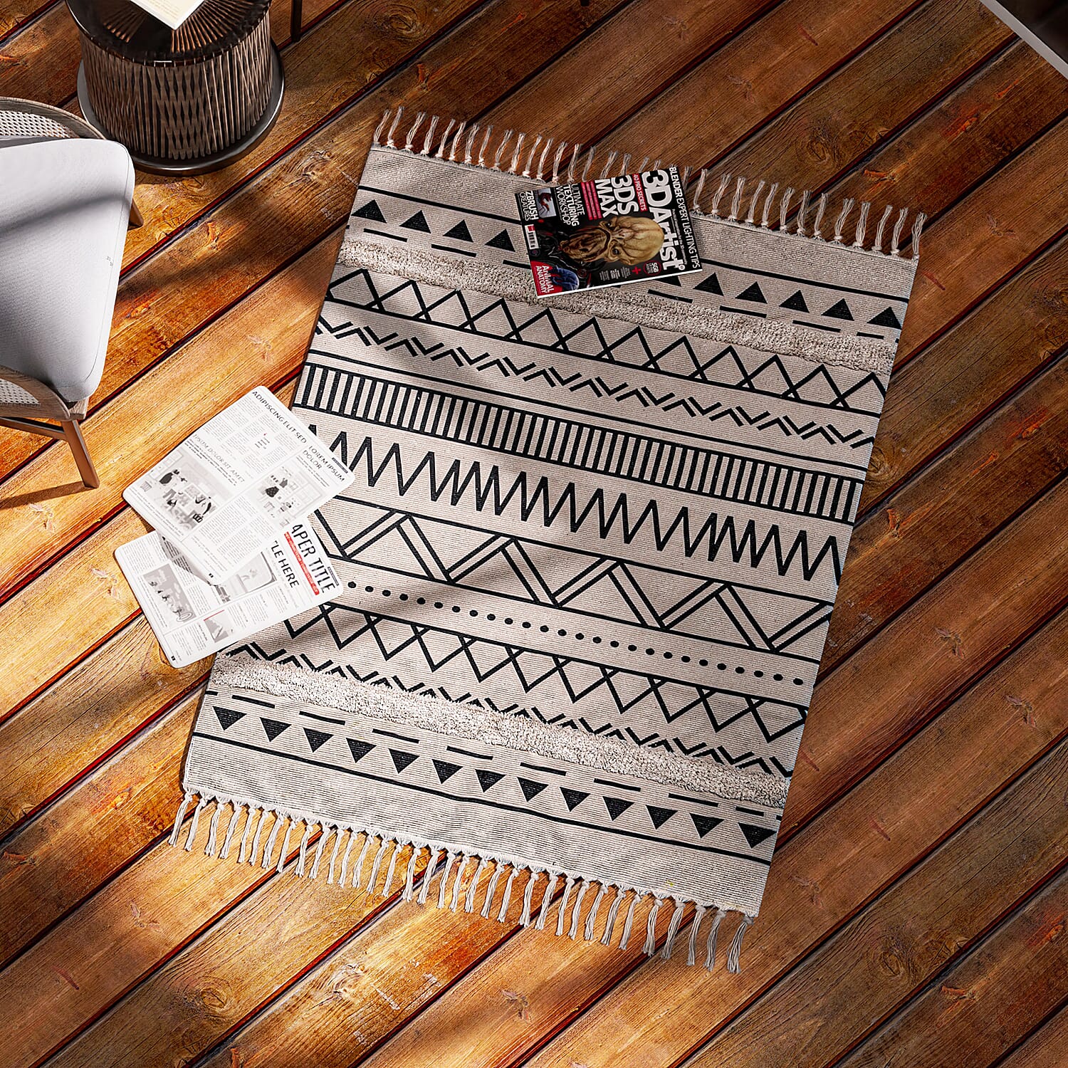 Cotton Blend Tribal Pattern Rugs with Tassel Multipurpose Carpet (Size 175x116 Cm) - Cream & Grey