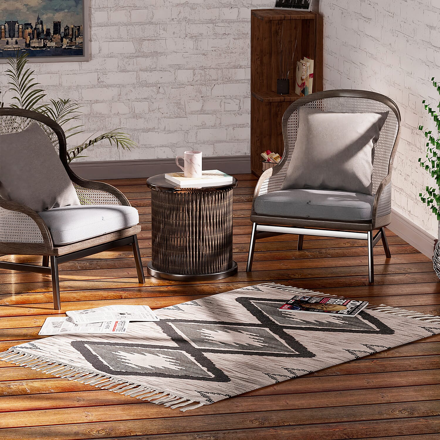 Ikat Pattern Rugs with Tassel Multipurpose Carpet (Size 140x95 Cm) -  Beige - Green