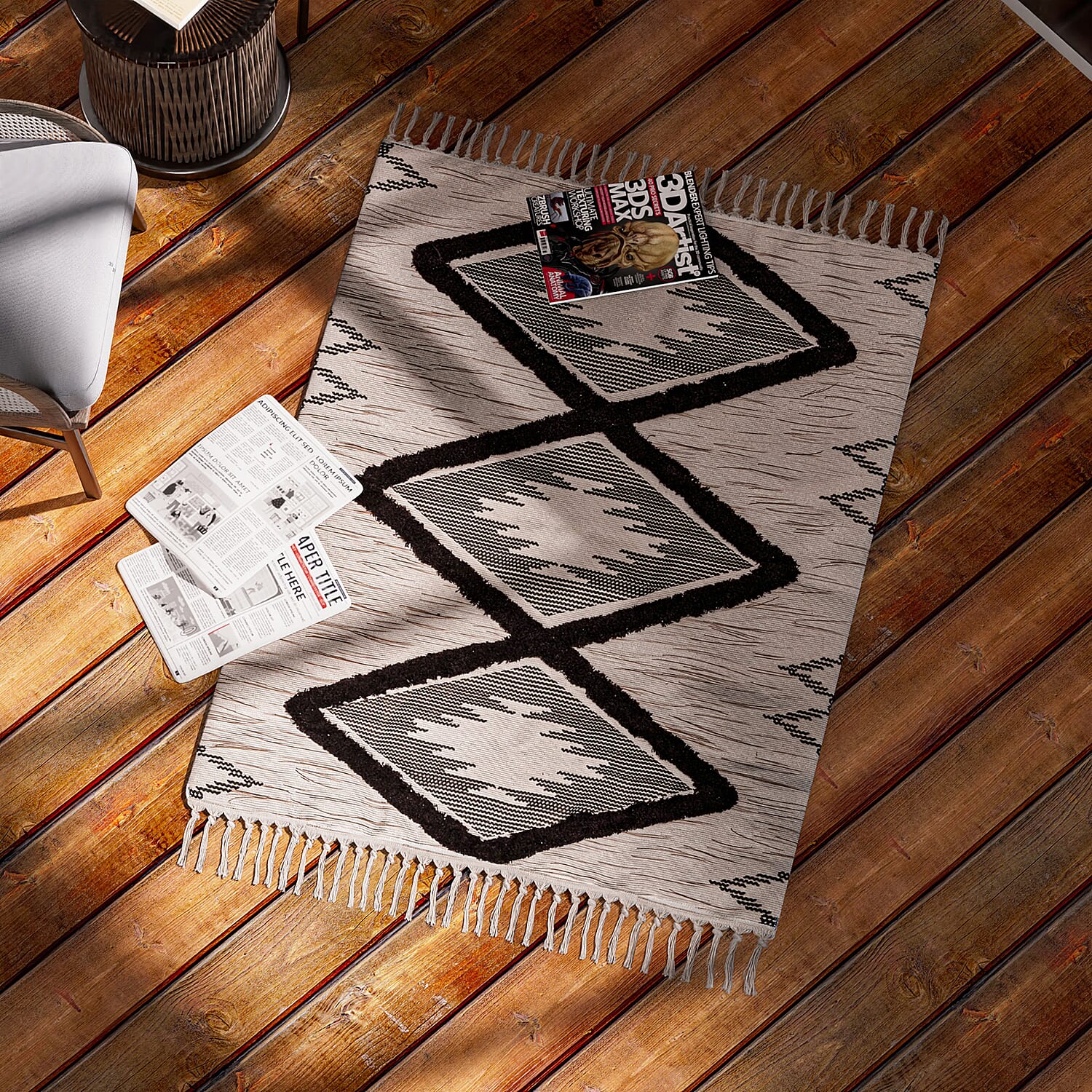 Ikat Pattern Rugs with Tassel Multipurpose Carpet (Size 140x95 Cm) -  Beige - Green