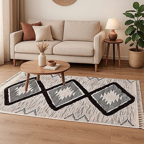 Cotton Blend Ikat Pattern Rugs with Tassel Multipurpose Carpet (Size 175x116 Cm) -  Beige & Green