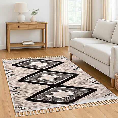 Cotton Blend Ikat Pattern Rugs with Tassel Multipurpose Carpet (Size 175x116 Cm) -  Beige & Green