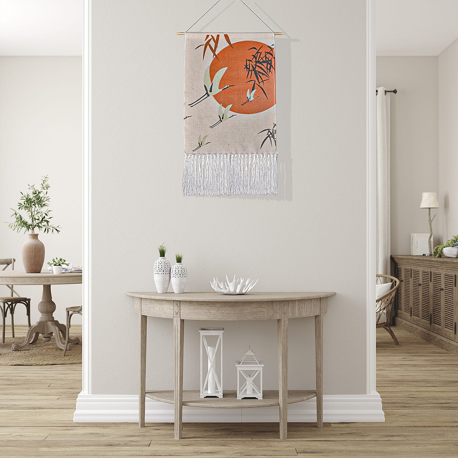 TJC Crane Bird Pattern Wall Hanging Tapestry with Tassel (Size 65x50x18 Cm) - Orange, Cream & Green