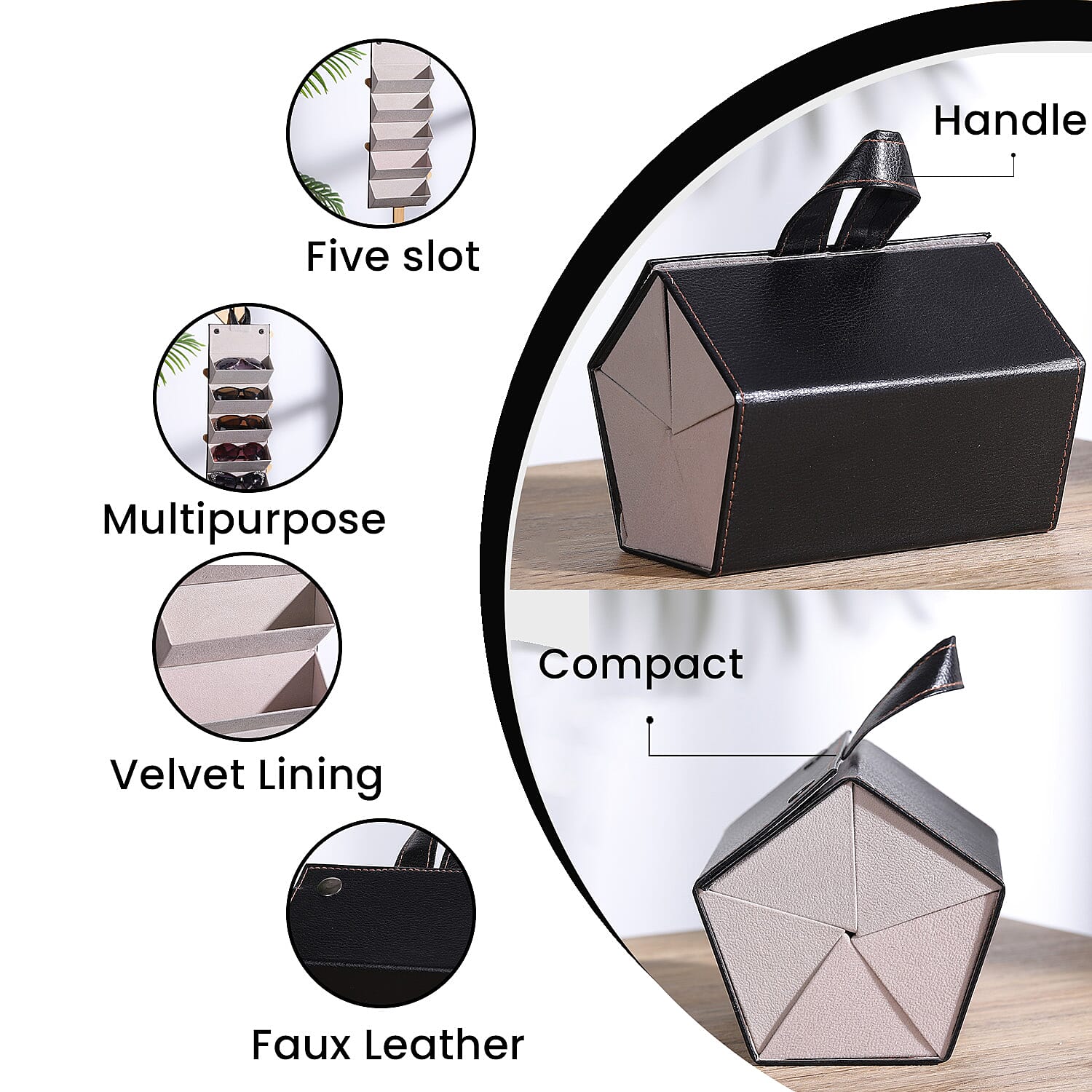 5 Slot Sunglasses Travel Organiser with Handle - Black